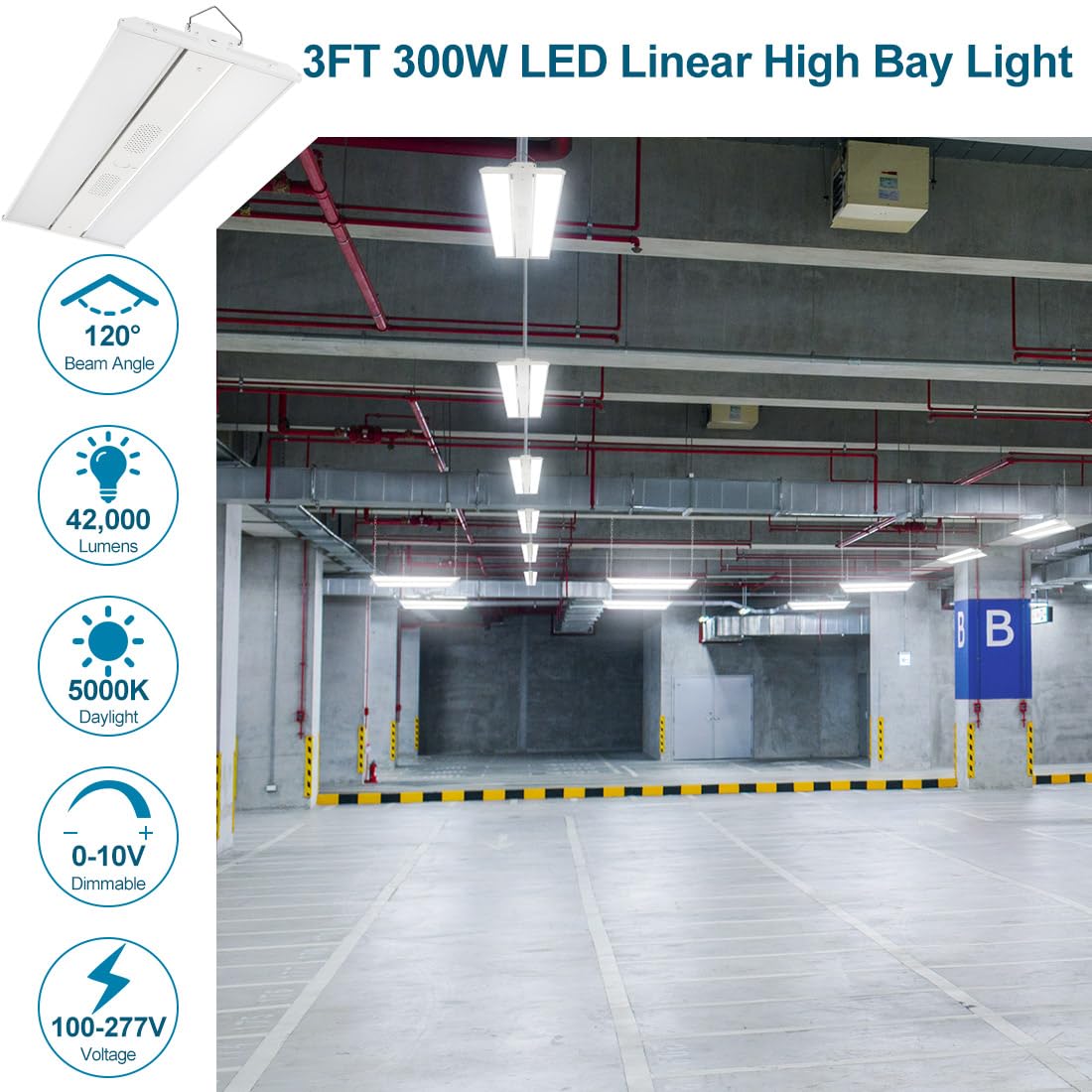 Xbuyee High Bay Led Shop Light 300W 42000Lm 5000K 100-277V Dimmable, 3Ft Commercial Grade Linear Bay Lights For Warehouse Worksh