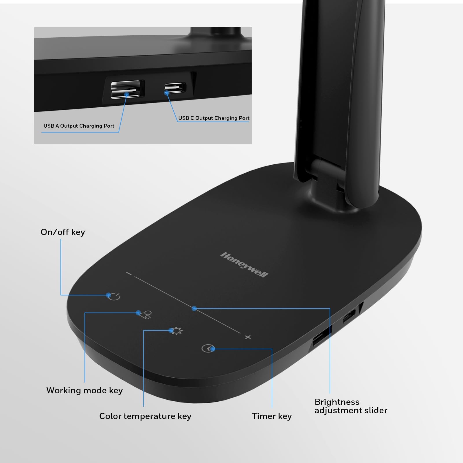 Honeywell LED Desk Lamp HWT-H2B, Dimmable, USB A+C Ports, Eye-Caring, Foldable, 4 Color Modes, Black