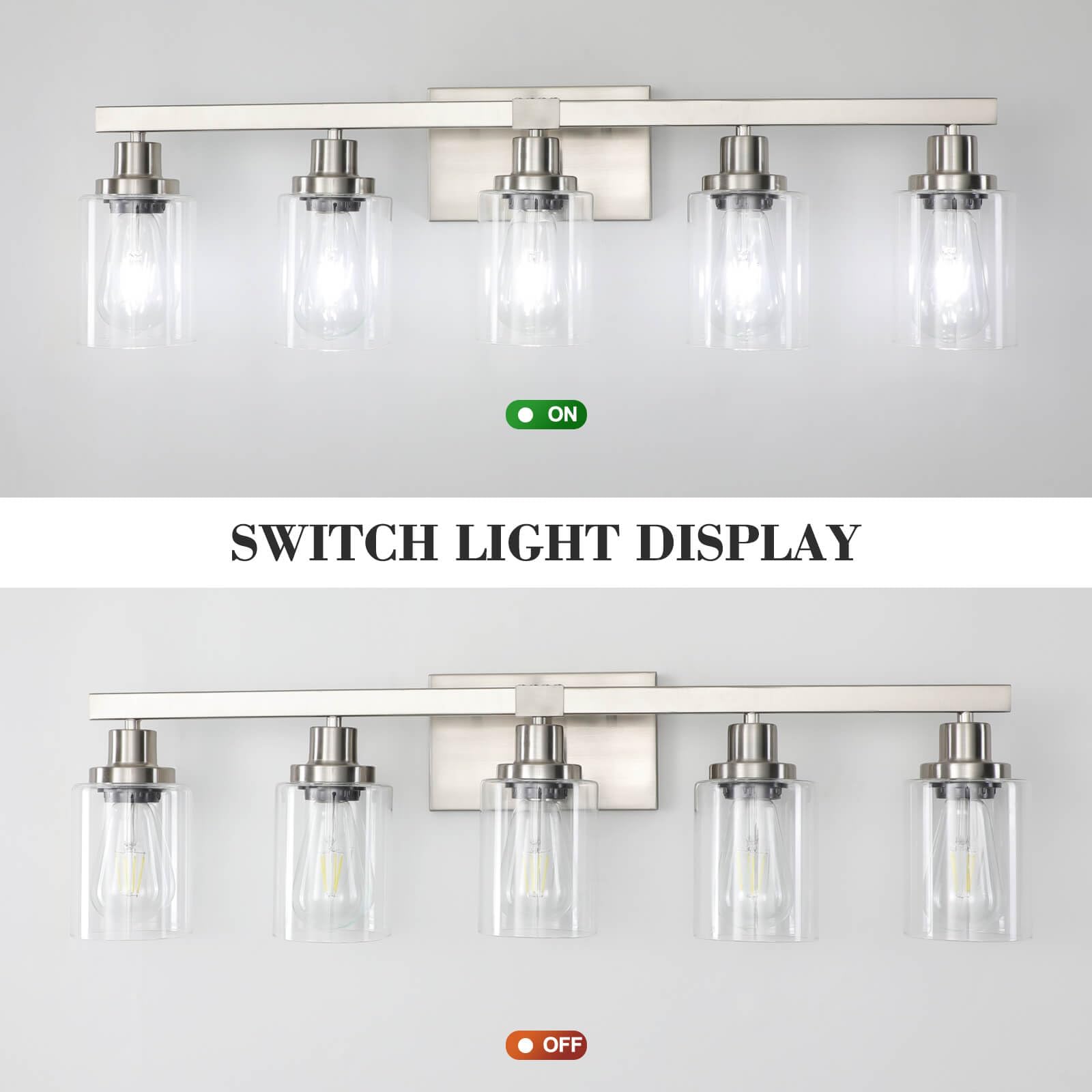 DIKAIDA 5-Light Bathroom Vanity Light, Nickel Metal Wall Sconce with Clear Glass Shade, Modern Design for Mirror, Bedroom, Living Room