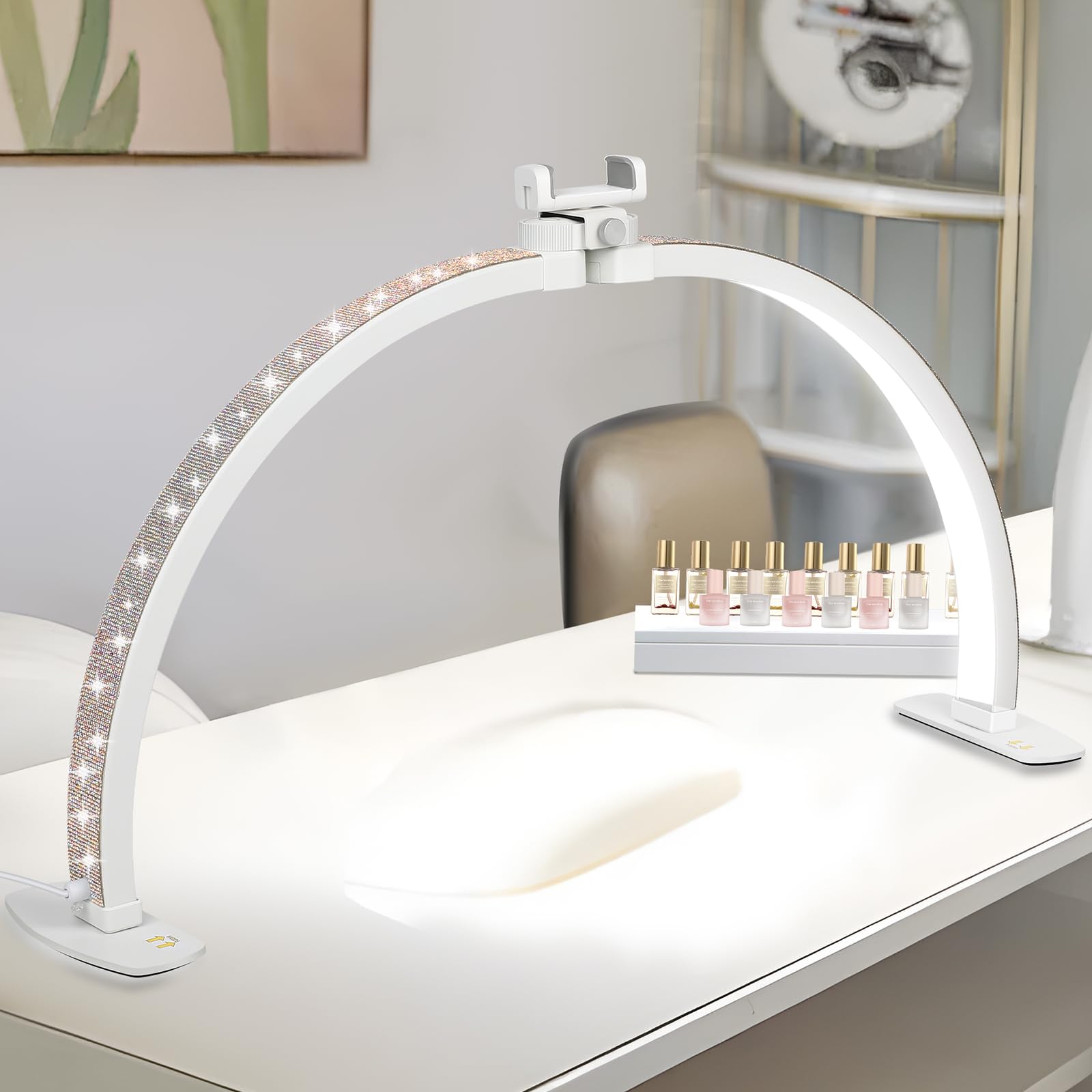 FAHKNS 29IN Half Moon Light for Nail Desk, Desk-top Nail Lamp with Sparkling Rhinestones, Folfing Lamp with Phone Holder, Manicu