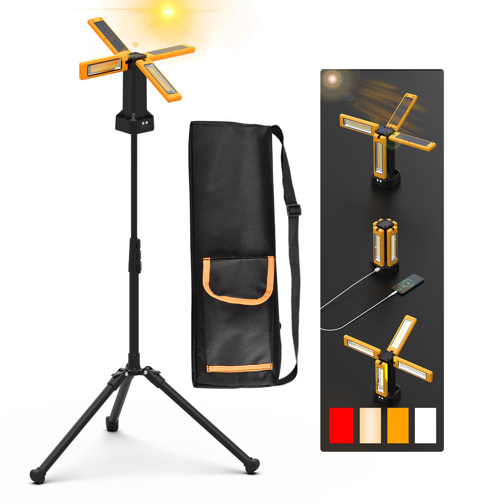 Iodoo 13200Mah Rechargeable Solar Work Light With Folding Stand Support And Portable Carrying Bag, 8000 Lumen Stepless Dimmable, 4 Lighting Modes, White/Warm/Warm White (Standard)