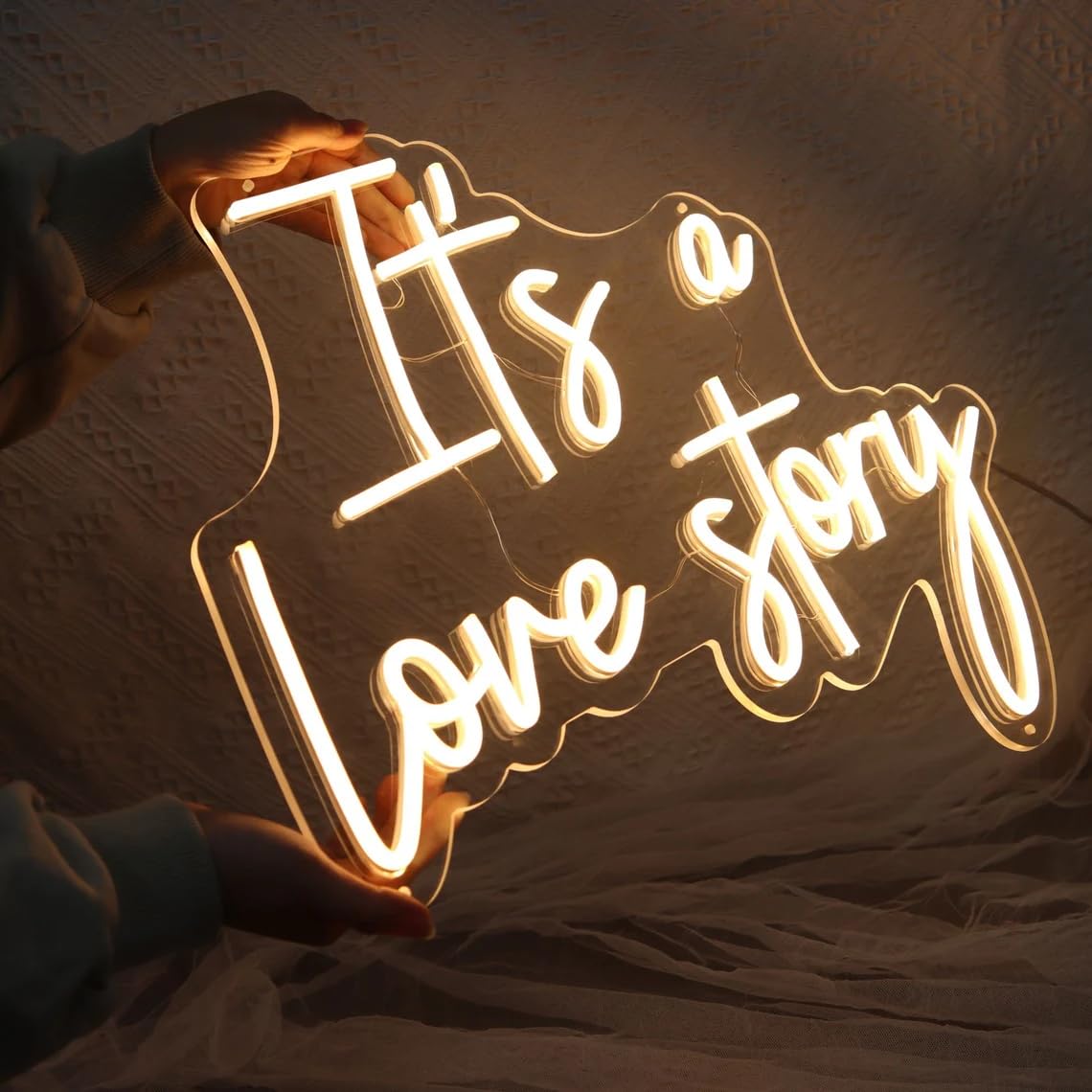 INSNEnN Neon Sign - Its a Love Story - Dimmable Acrylic Light Up Decor - 14.2 x 11 Inches - White