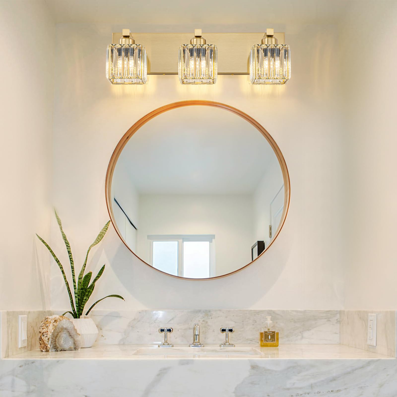 Huoku Gold Crystal Bathroom Vanity Lights Modern 3-Lights Bathroom Lighting Fixtures Over Mirror, Gold Crystal Wall Light With S
