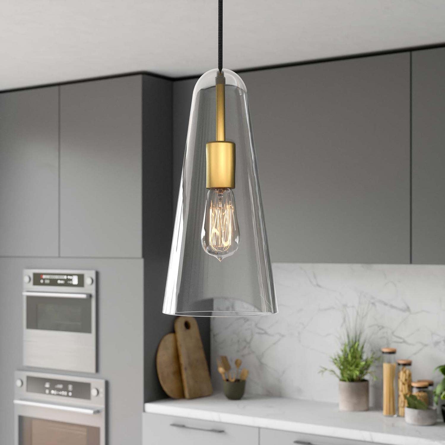 Beacon 1-Light Pendant Light in Clear Satin Brass