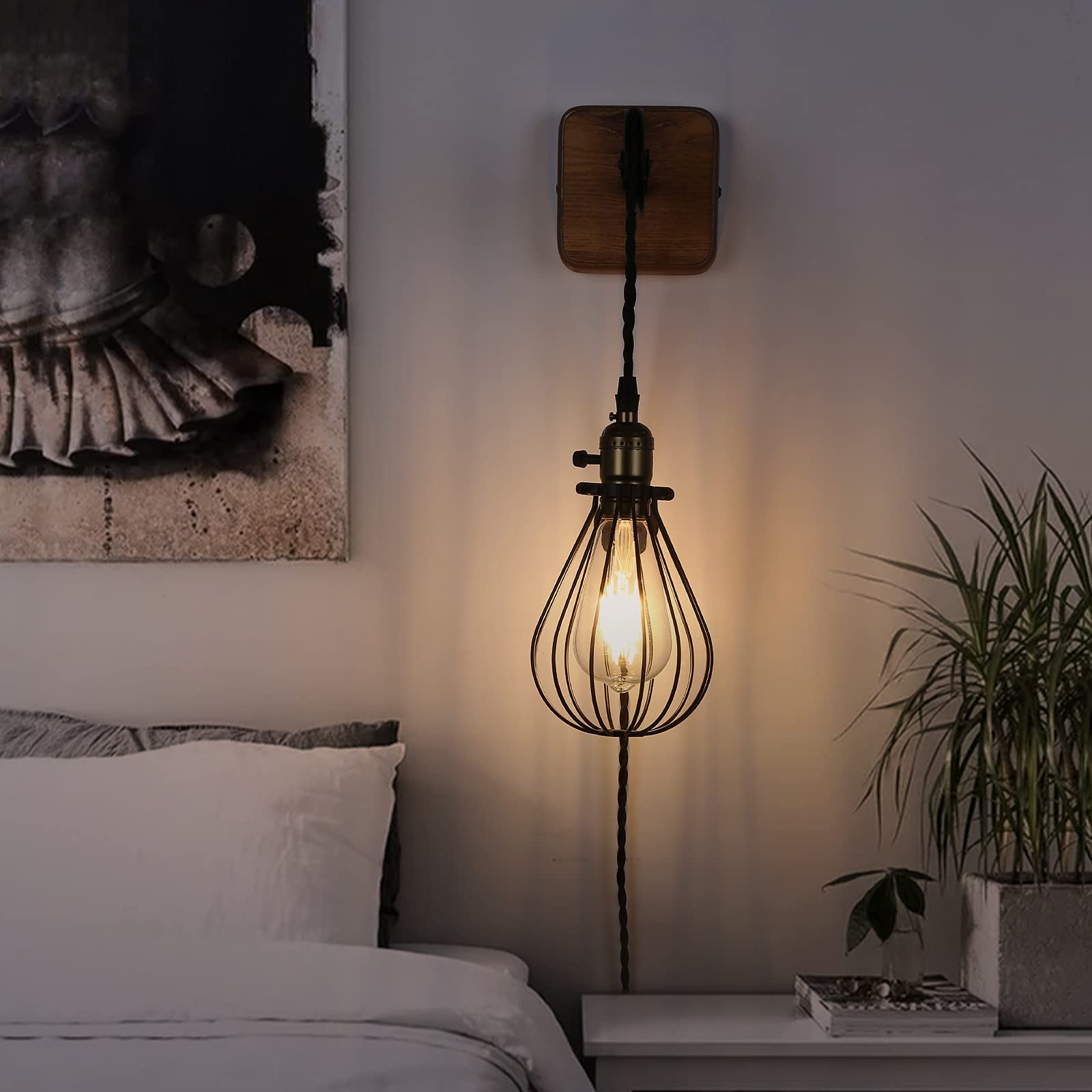 Injak Industrial Plug-In Wall Sconce, Adjustable Height Black Metal Cage Light For Home Decor