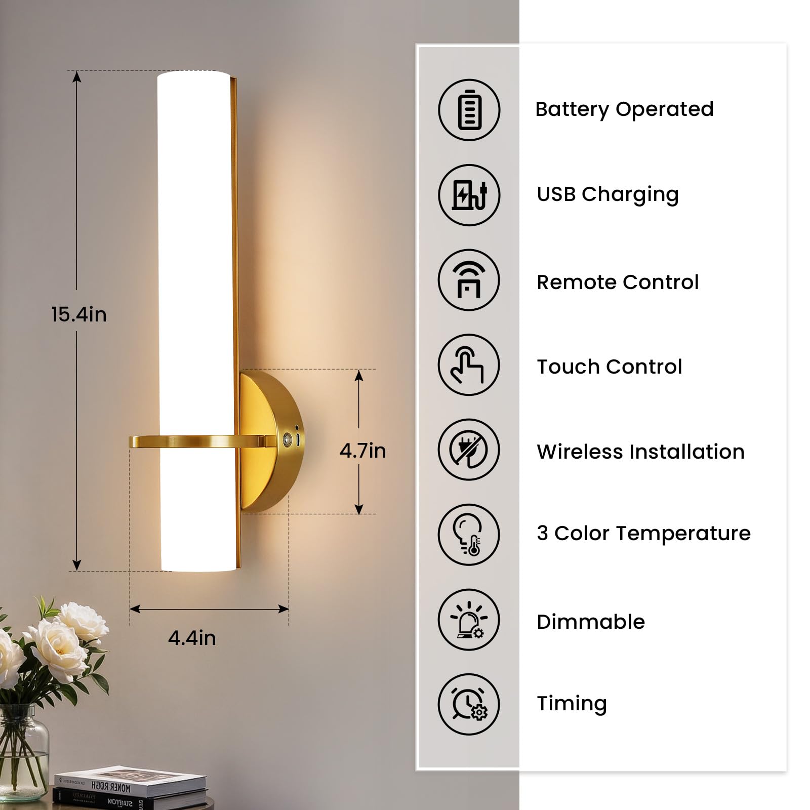 AIJIASI Battery Operated Wall Sconces - 15" Gold, 10000mAh, Dimmable LED, Wireless Wall Lights Set of Two for Bedroom & Living Room