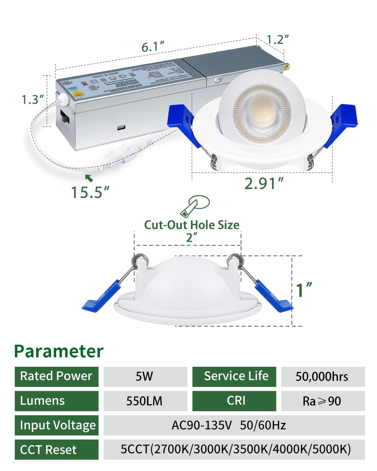Zouzai 2 Inch 5CCT Gimbal LED Recessed Lighting, 360° Adjustable, 550LM, White - ETL Certified, 6 Pack