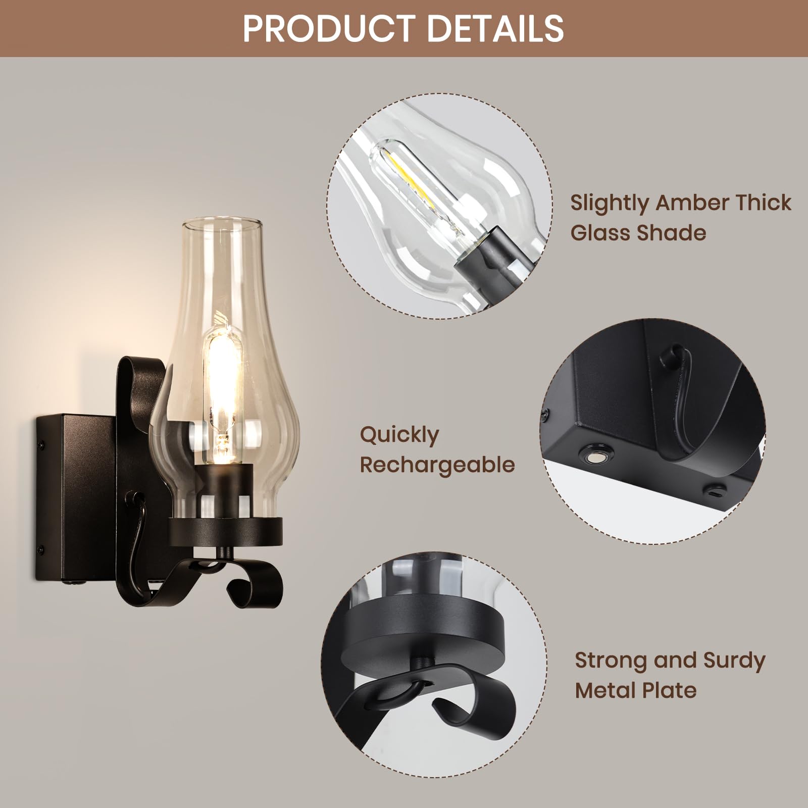 EIDEARAY Battery Operated Rustic Wall Sconces Set of 2, Antique Kerosene Lamps with Remote Control, Black, Model WL-CTGD-D2