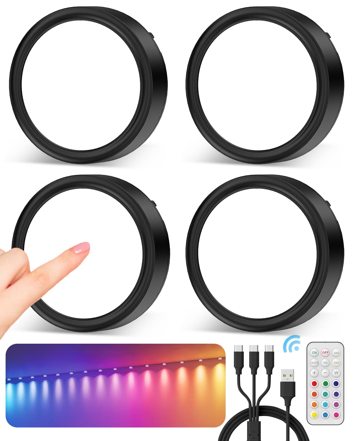 Vloee Rechargeable RGB Puck Lights - 4 Pack, Wireless LED, Remote Control, Magnetic, 2400mAh Battery, Ideal for Closet & Kitchen