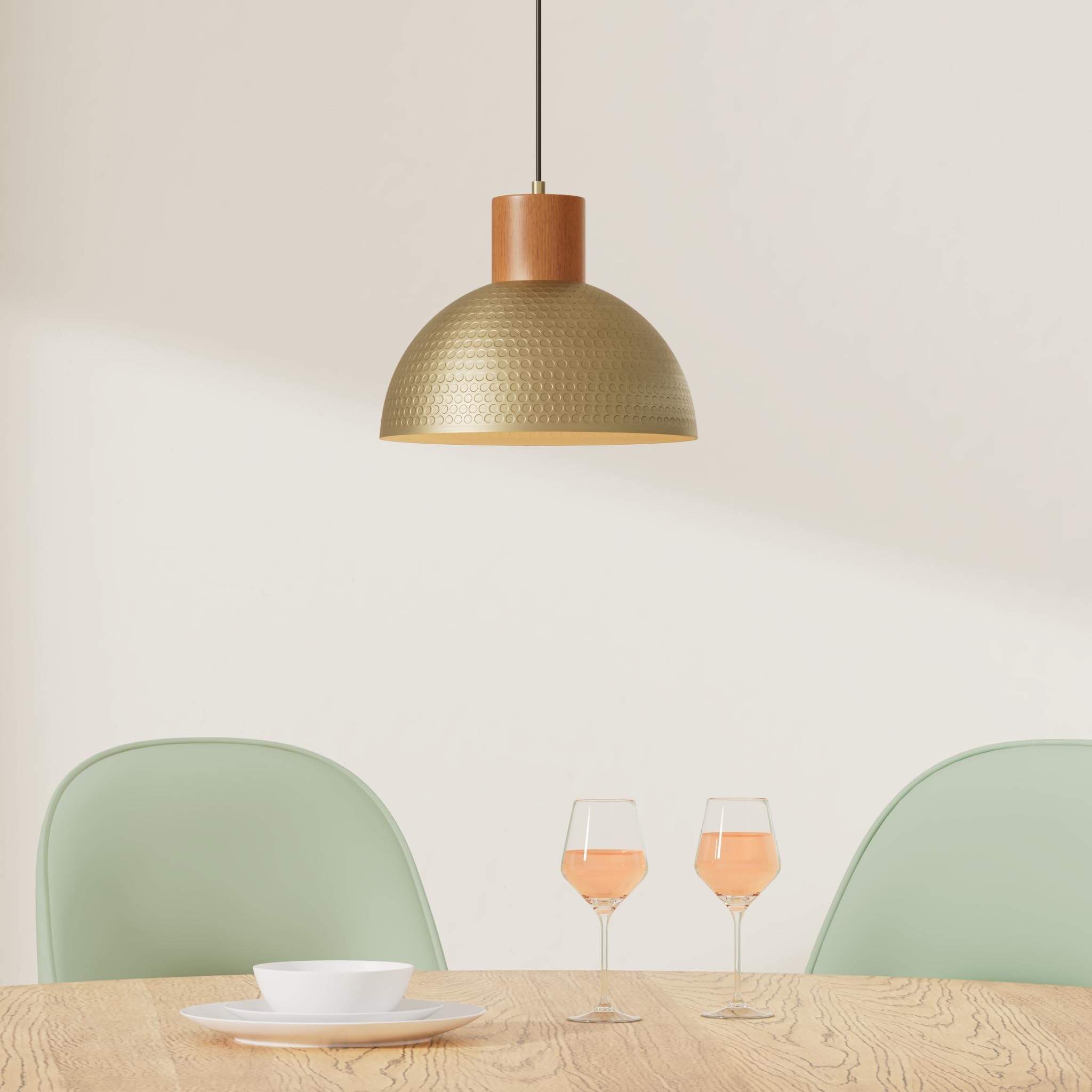 Elyona Vintage Pendant Light Fixtures, 12” Brushed Brass Hammered Metal & Rubber Wood Industrial Dome Hanging Lamp, Antique Gold Kitchen Pendant Light For Island, Farmhouse, Sink, Dining Room, Hallway