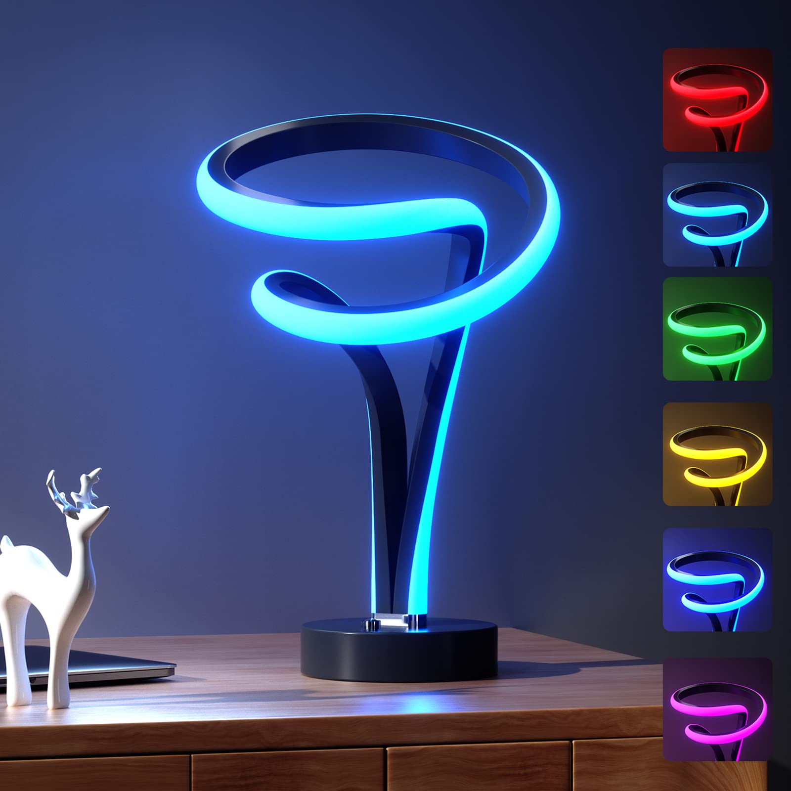 Airnasa Modern Spiral Rgb Table Lamp, Unique, 7 Colors 10 Light Modes Led, Touch Dimmable Cool Nightstand Lamps For Living Room Bedroom Office, Ideal Gift (Black)