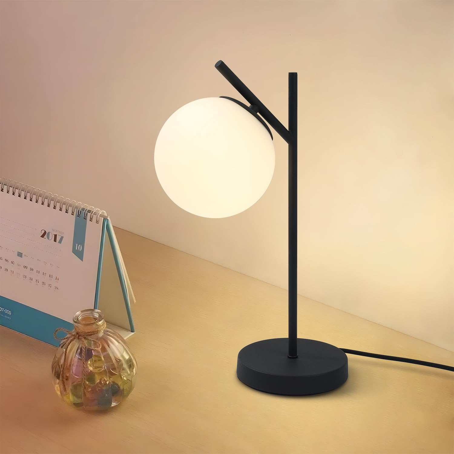 Fulesi Mid Century Modern Table Lamp Contemporary White Glass Globe Table Lamp Vintage Nordic Desk Lamp Metal Nightstand Lamp Fo