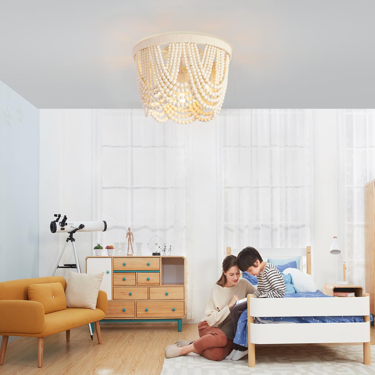Wuhuyipi 2 Pack Boho Wood Beaded Chandelier,Led Flush Mount Ceiling Light,Farmhouse Rustic White Hemp Rope Chandeliers Fixture F