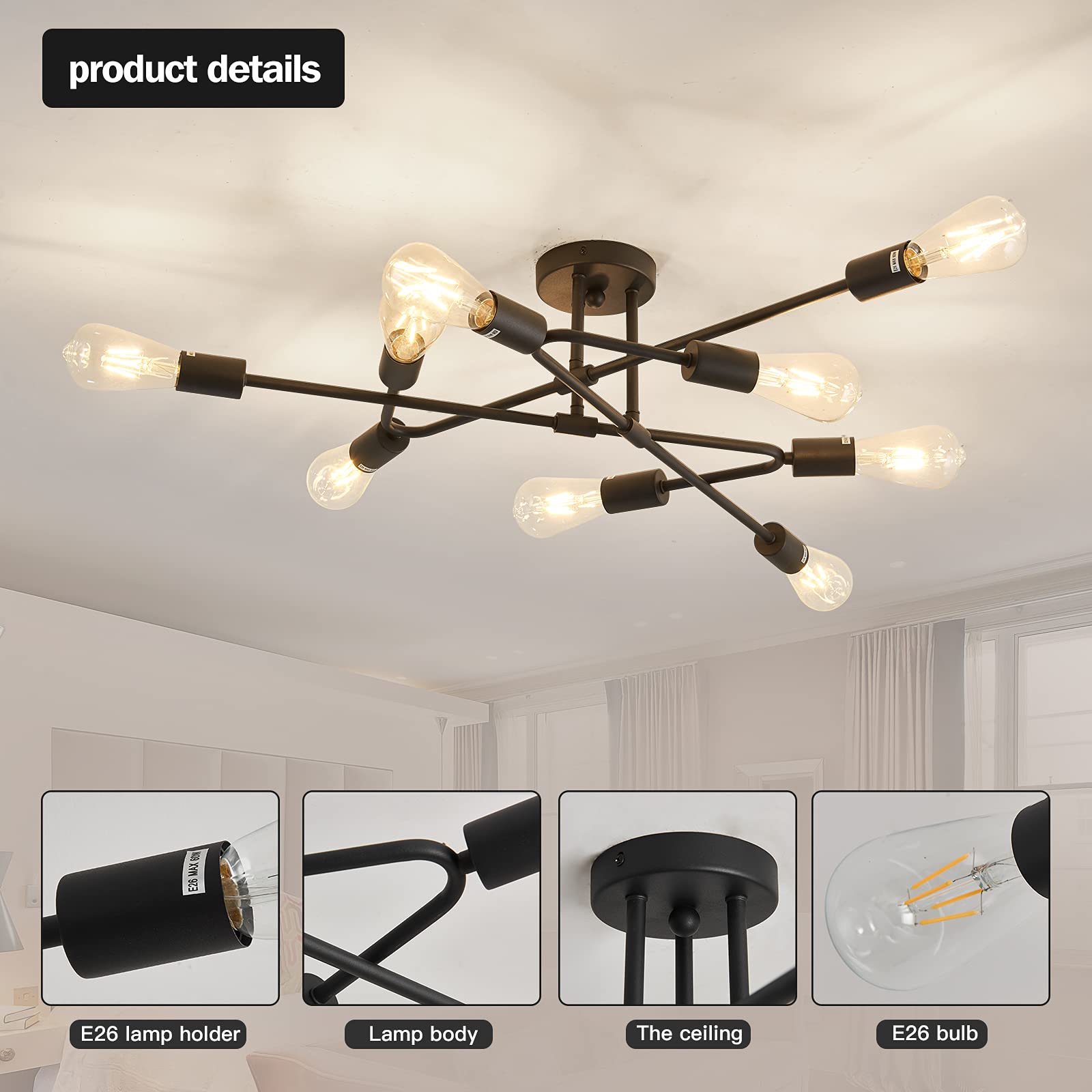 Zglaojt Black Semi Flush Mount Ceiling Light Fixture