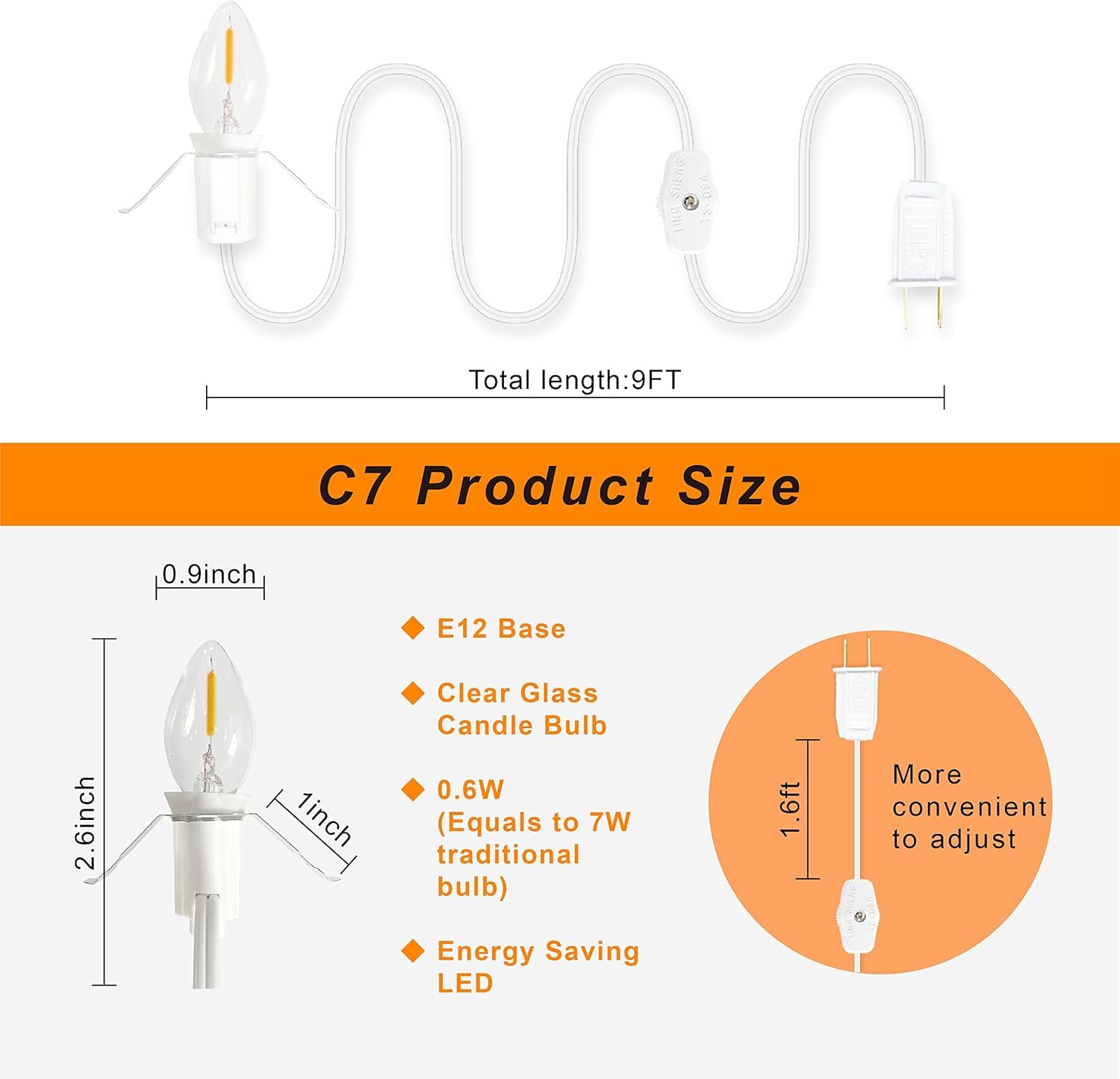 Kiraralite 4 Accessory Cord with 4 LED Bulbs, 6ft White Cord, On/Off Switch, E12 Candelabra for Halloween & Christmas Decorations