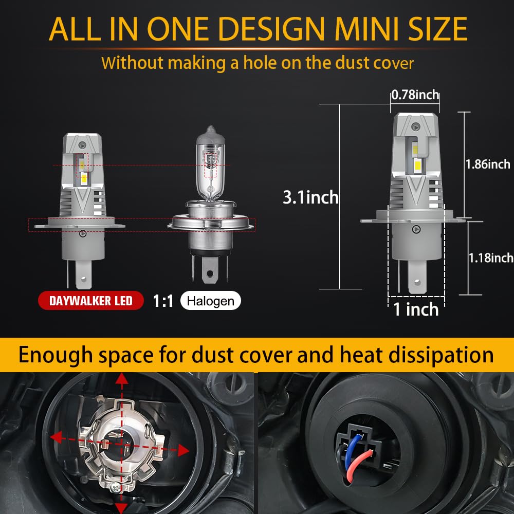 DAYWALKER H4 LED Motorcycle Headlight Bulb, 2500 Lumens, Hi/Lo Beam, 6000K White, Aluminum, H4/9003 (Pack of