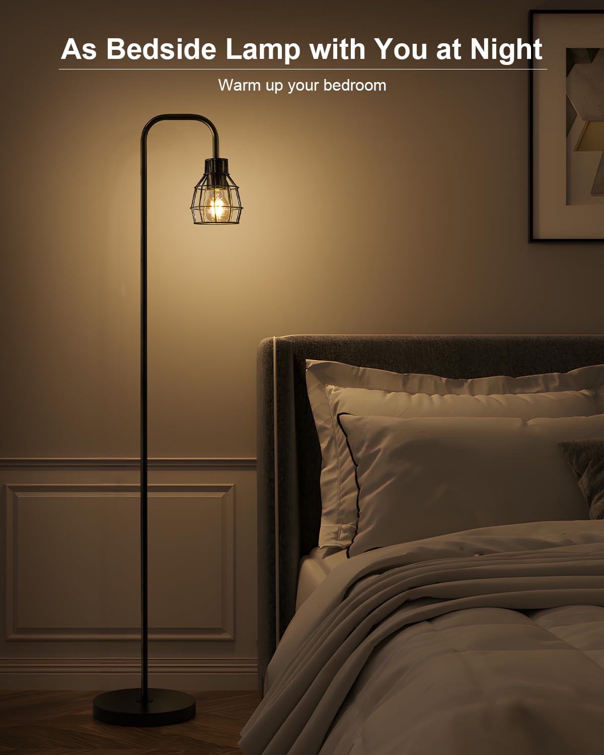 Oneach Industrial Floor Lamp with Footswitch, 63.75in Tall Metal Light, Black w/ Metal Guard, Model AMZ-F1148BK, LED Bulb Included