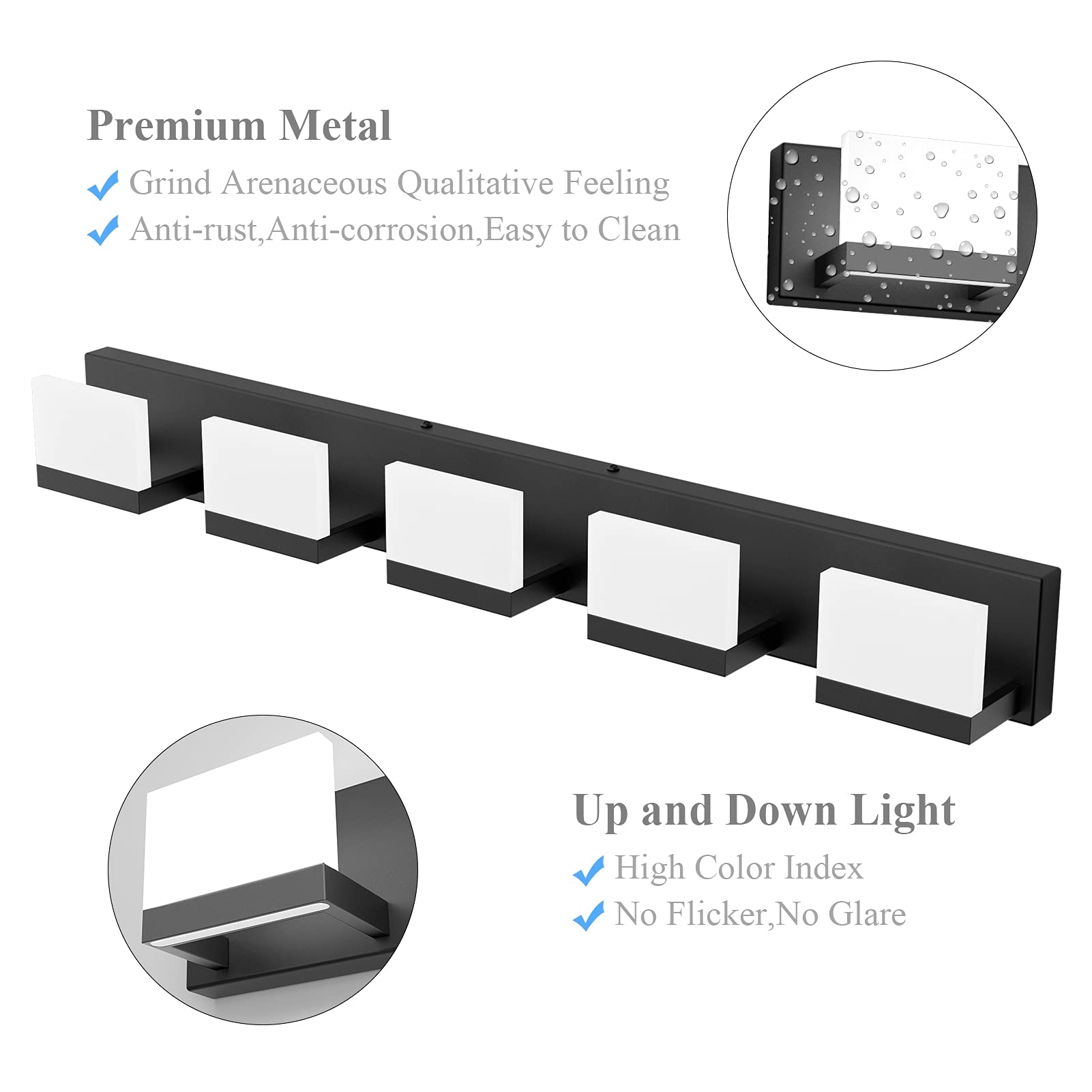 Tipace 5 Lights Modern Black LED Vanity Light Fixture, Matte Black, Model Ca-1103-5T, Up and Down Design for Bathroom Over Mirror