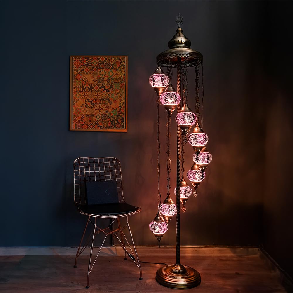 Asylove Turkish Lamp 9 Globe Mosaic Floor Lamp, Mosaic Standing Lamp 9 Globe Mosaic Moroccan Lamps Floor Lamp For Decorative Home Designs Offer 5 Inch Globe - Total Height 70 Inch (Purple)