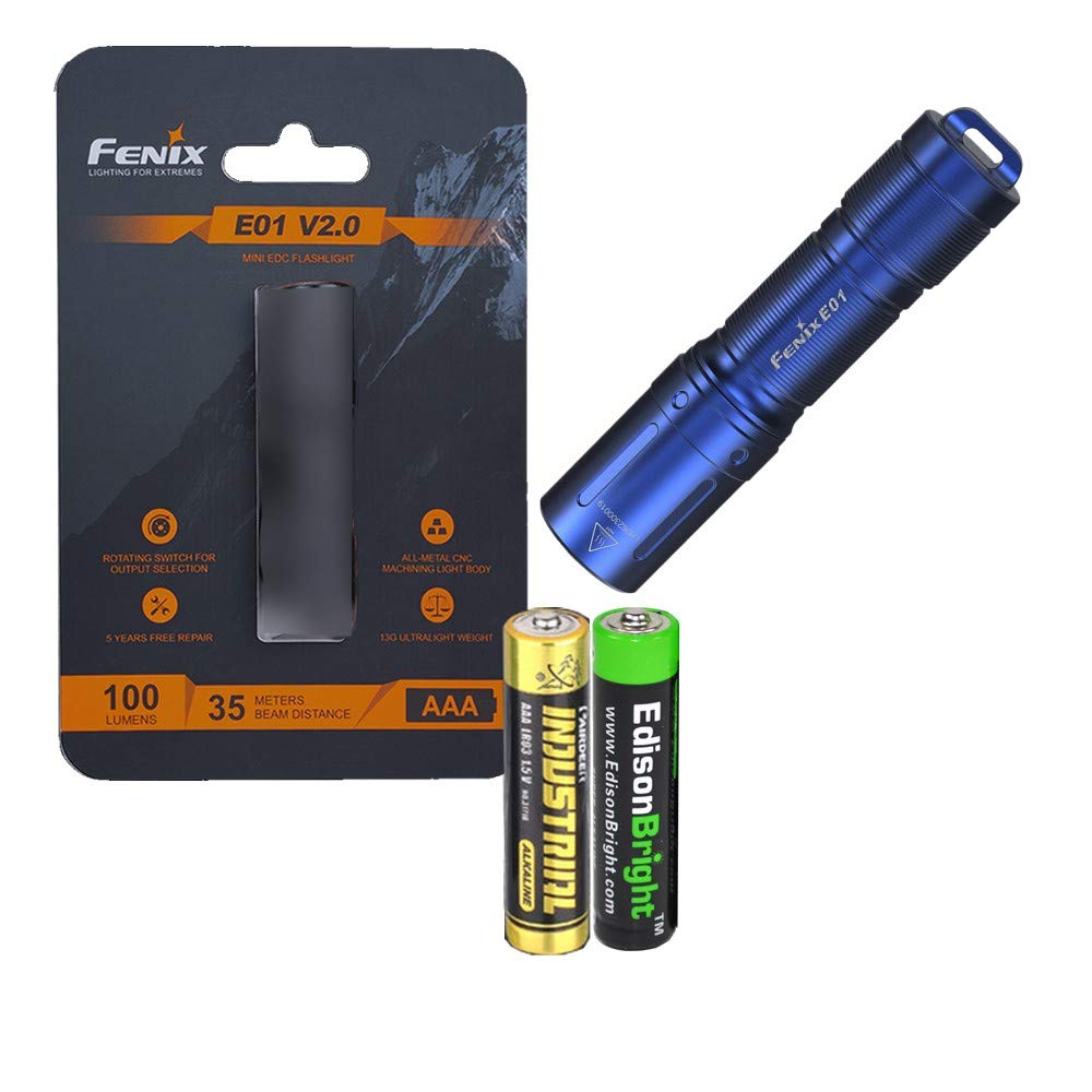 Fenix E01 V2 LED Flashlight 100 Lumens Aluminum Blue with AAA Battery Bundle