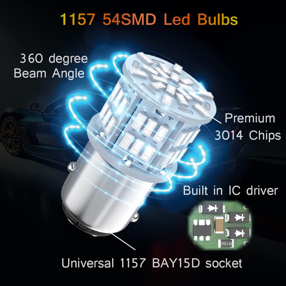 Melphan-Auto 1157 LED Brake Light Bulb, 12V-24V, 54SMD 3014 Chipset, Red, 2PCS