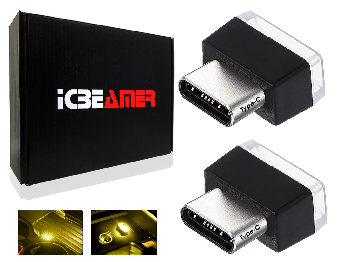 Icbeamer Type C Adapters Atmosphere Light - 2-Pack (Yellow) | Universal Plug-In Miniature Night Light | Led Usb Car Interior And