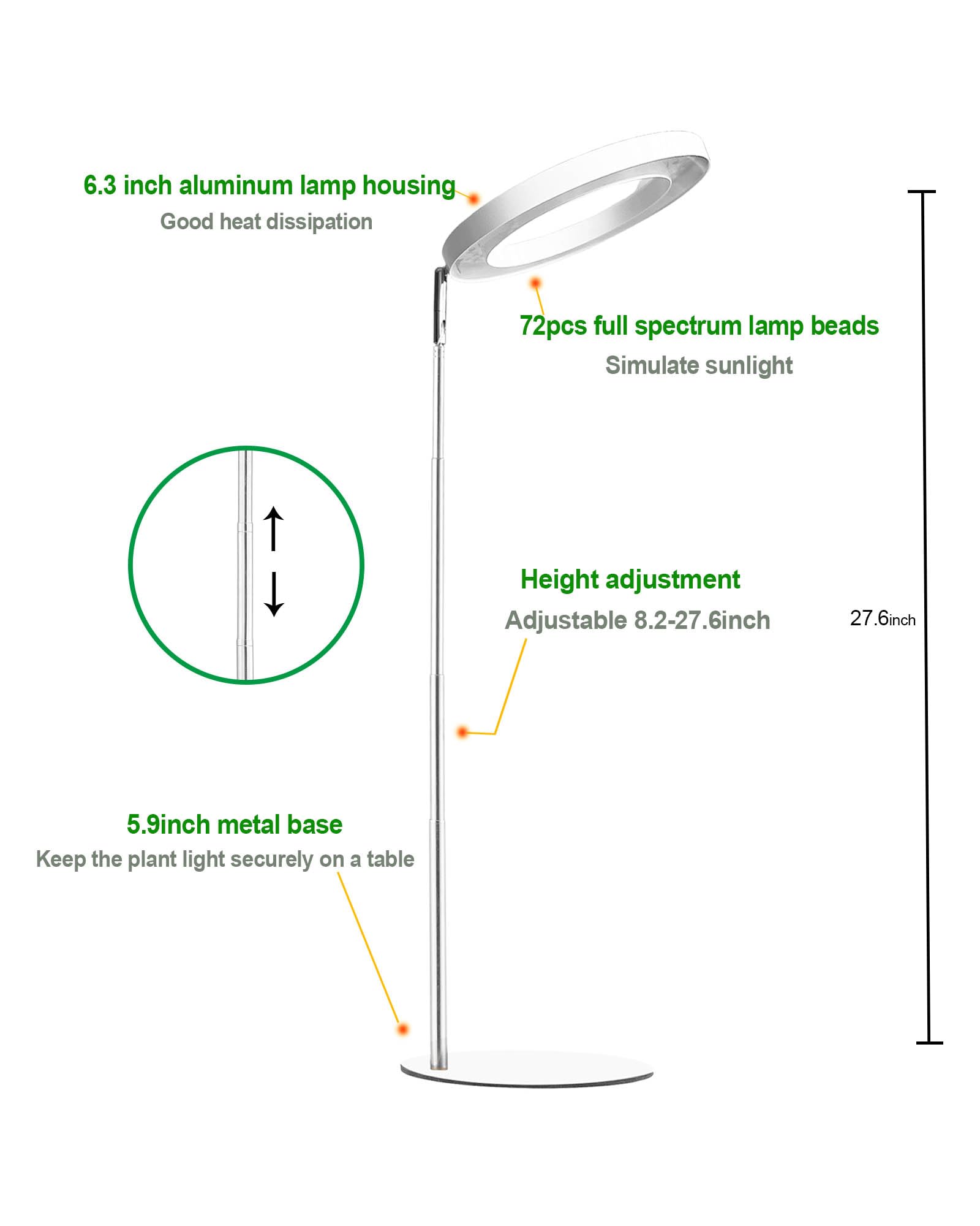 yadoker Plant Grow Light - Height Adjustable LED with Timer, 10-Level Brightness, White, Model PGB-16WT-M, Ideal for Indoor Plants
