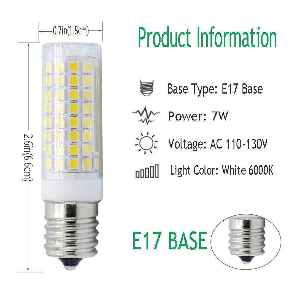 Ltyy E17 Led Bulb,Dimmable 8W,80W Halogen Bulb Equivalent,800Lm,Ac120V,E17 Bulb White 6000K,For Over Counter Microwave Ovens(Pac