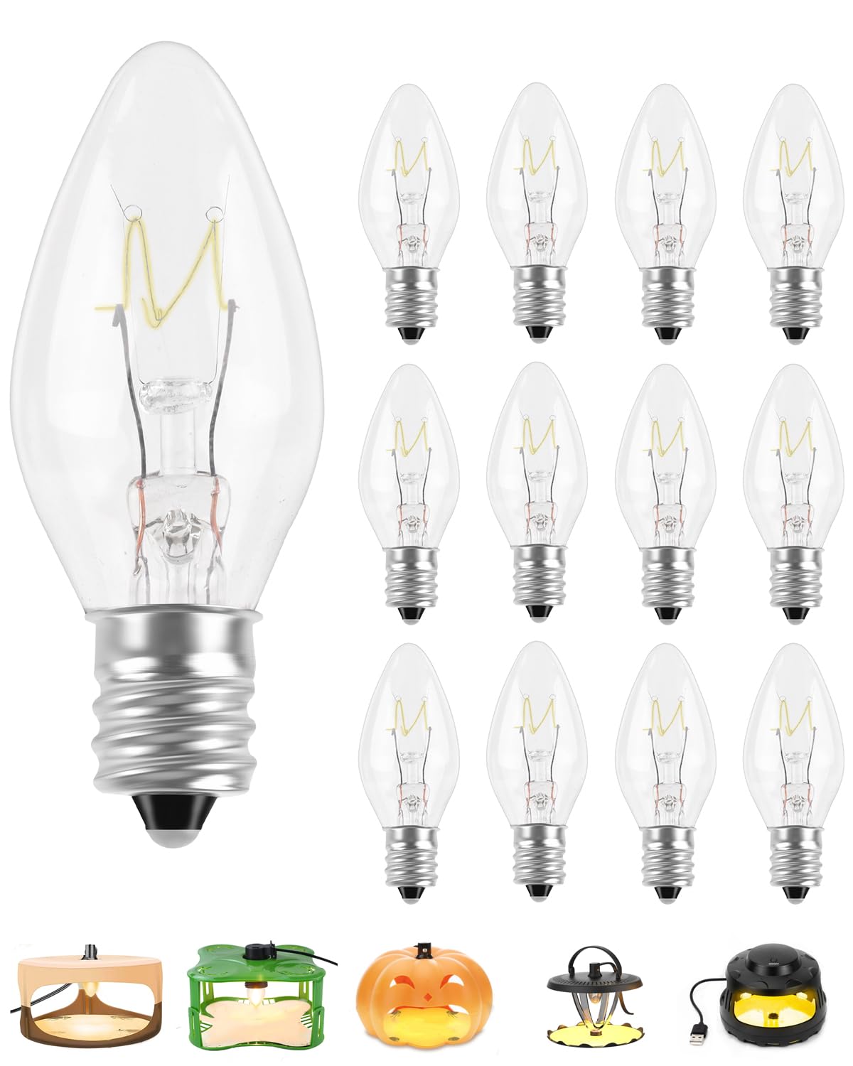 PACETAP 12Pack 7W C7 Night Light Replacement Bulbs with E12 Candelabra Base for Salt Lamps  Window Candles and Chandeliers  C7 Nightlight Bulb for Outdoor String Lights Warm White 2200k