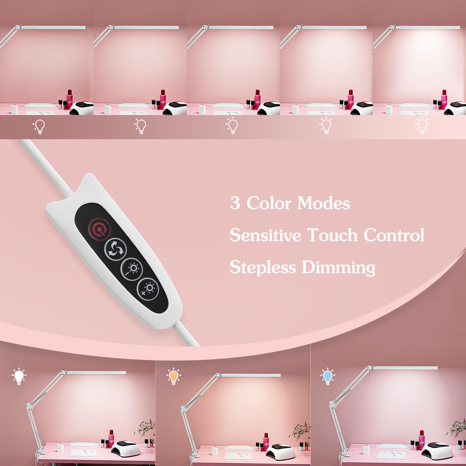 BZBRLZ LED Desk Lamp - Metal Swing Arm, Dimmable, 3 Color Modes, 10 Brightness Levels, White, Model QR-04