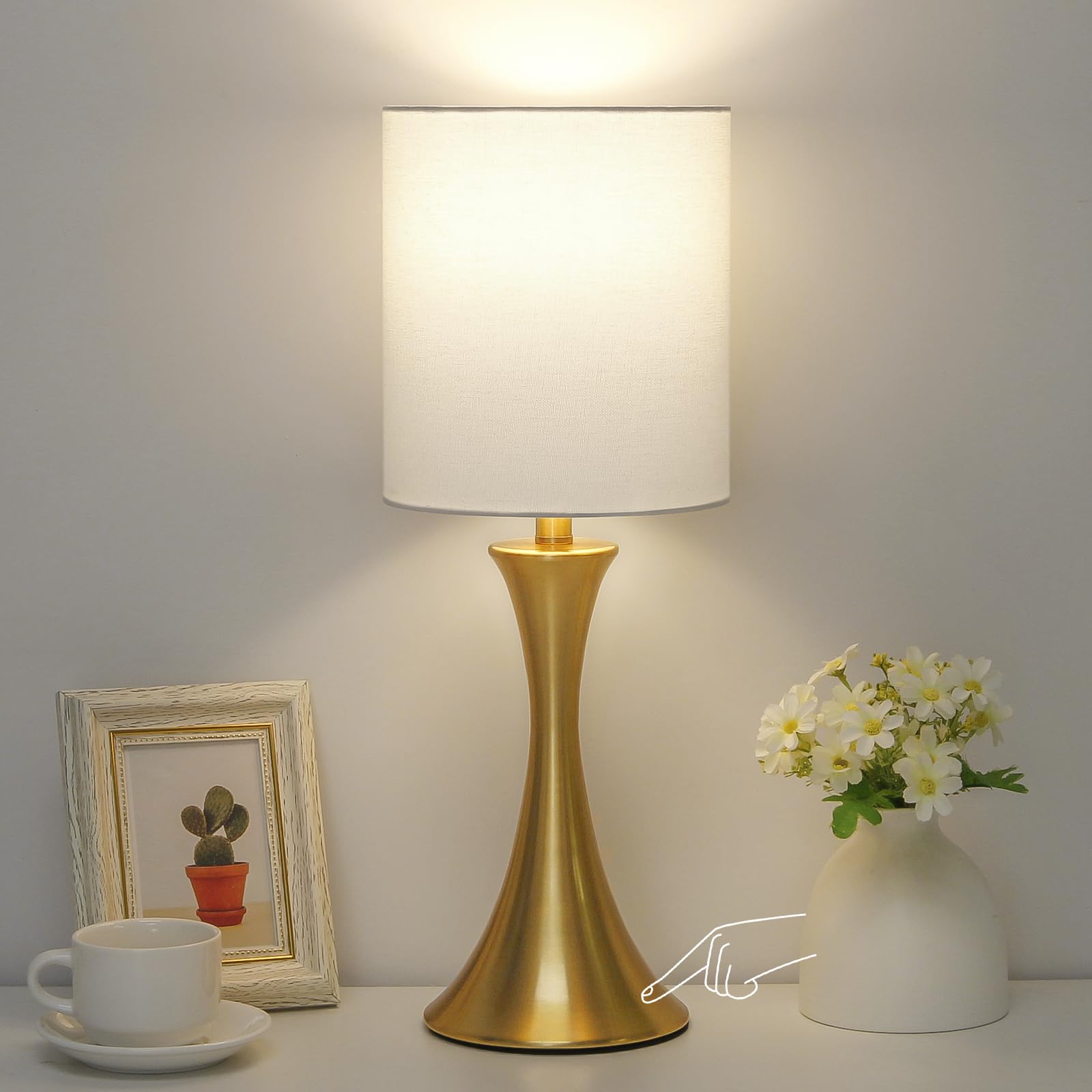 Gold Bedside Lamp Touch Control Table Lamp for Bedroom, 3-Way Dimmable Nightstand Lamp with White Shade, Modern Table Lamp for L