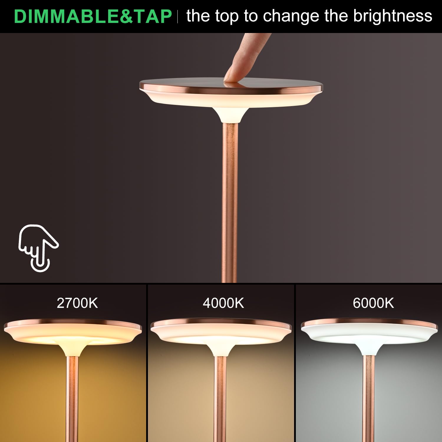 Hiseego Portable Cordless Table Lamp W/Touch Sensor, 3-Color Dimming, Cordless Rechargeable Battery Operated Lamp For Kids Nurse
