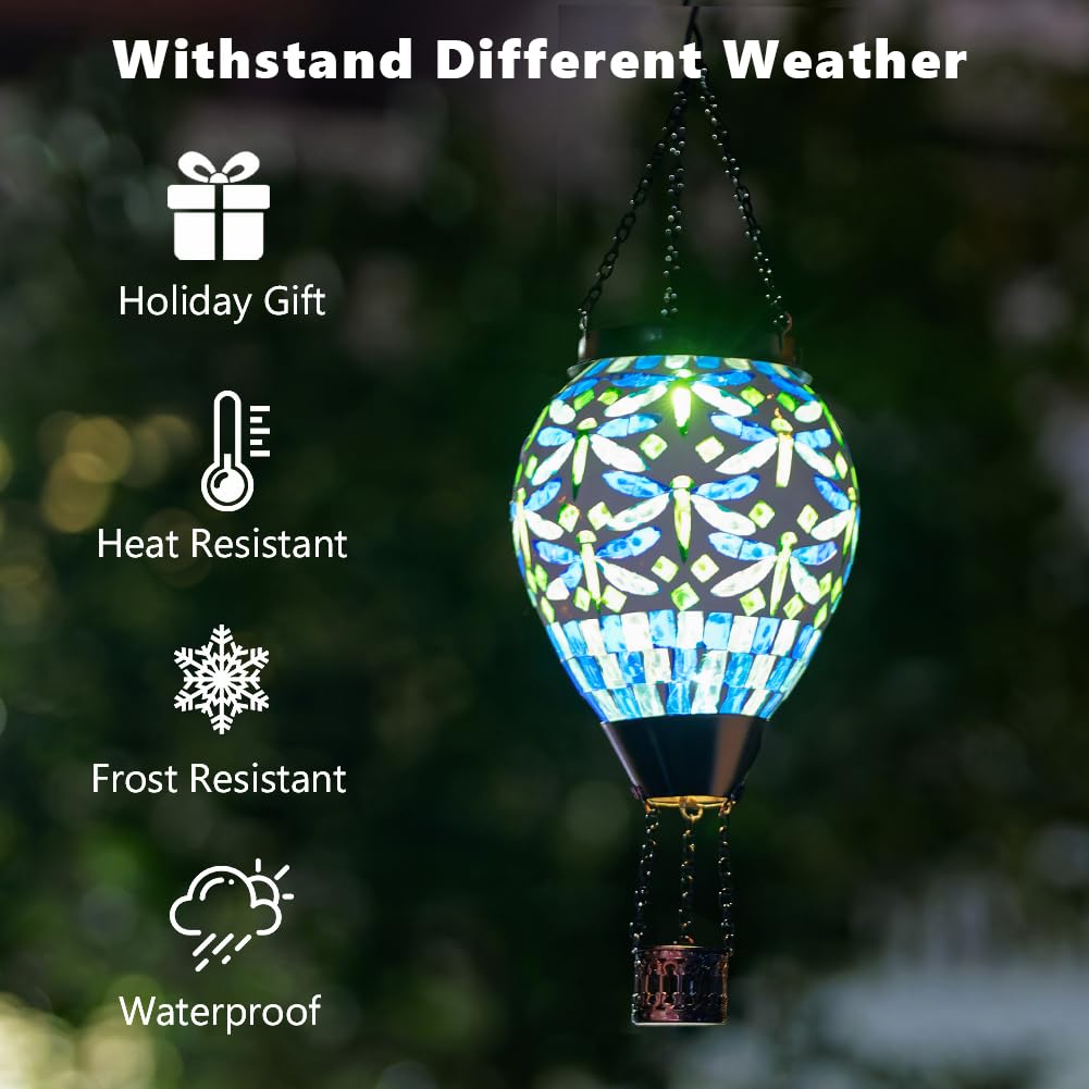 Starsoul Solar Lantern Hot Air Balloon - Mosaic Dragonfly Design, Outdoor Hanging Light for Garden Patio Party Decorations