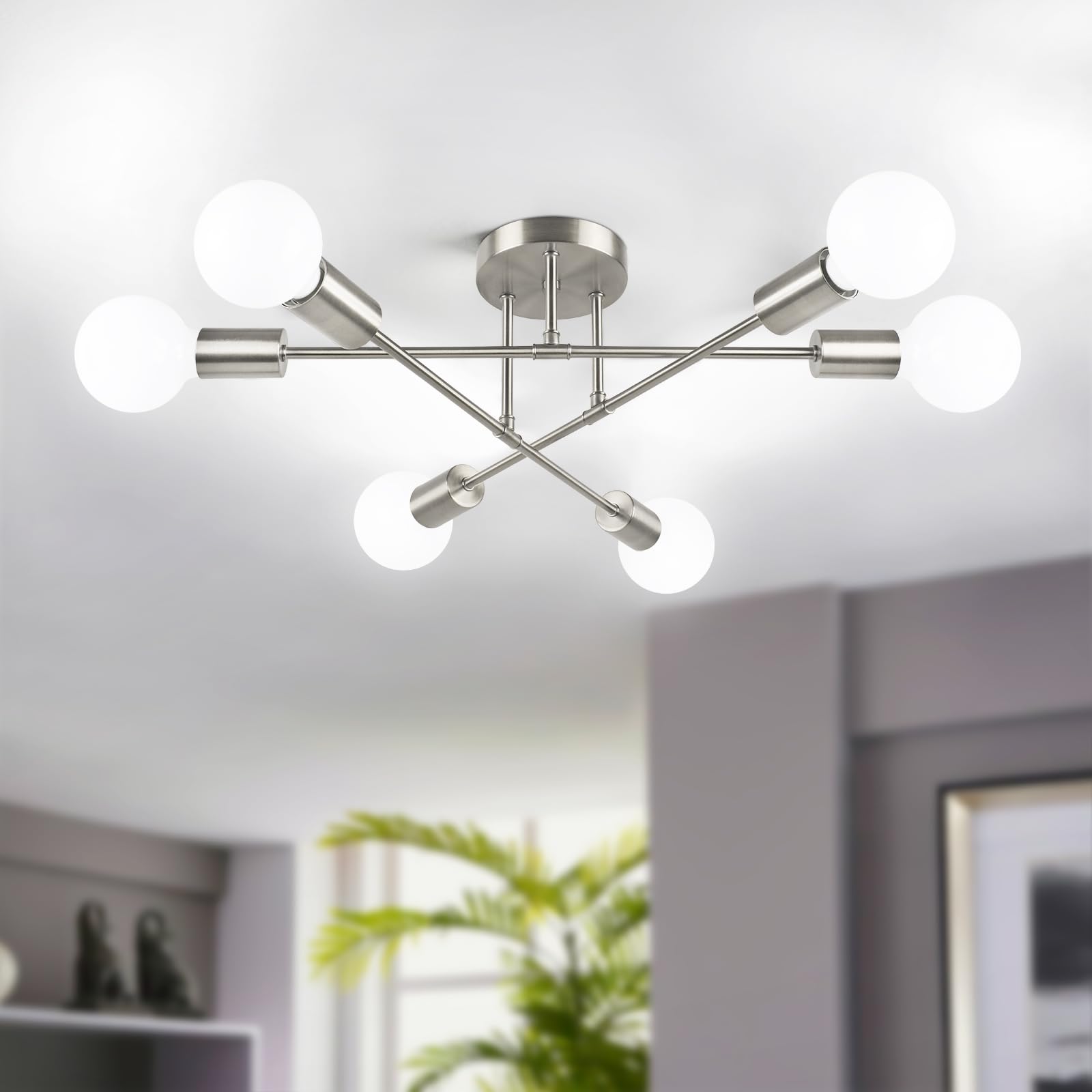 Bosceos Modern 6-Light Sputnik Chandelier, Brushed Nickel Ceiling Fixture For Living Room & Kitchen