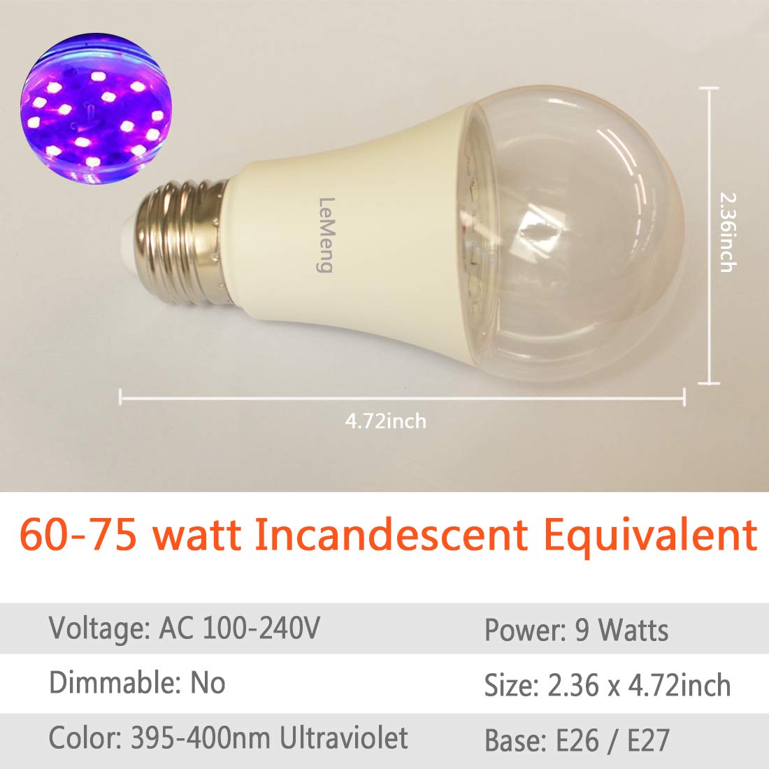 LEMENG LED Black Light Bulb, 9W Blacklight A19, UVA 395-400nm, E26 Medium Base, 3 Pack, UV Blacklight, Aluminum