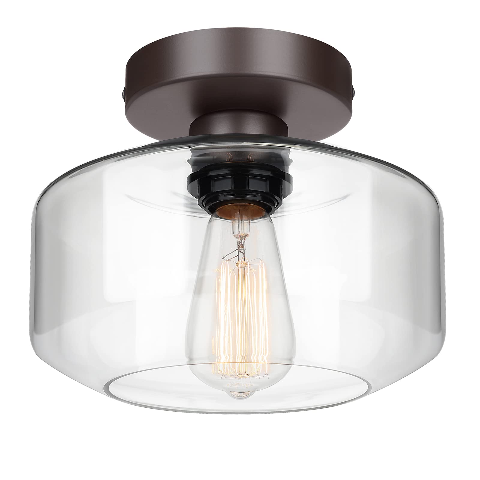 MAXvolador Industrial Semi Flush Mount Ceiling Light Brown, Clear Glass Pendant Lamp Shade, Farmhouse Lighting for Hallway, Hang