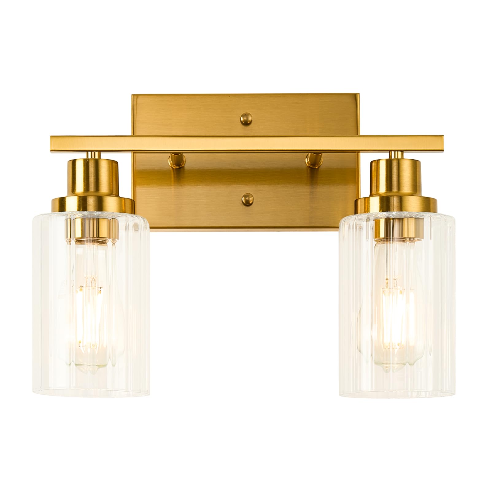 Jonsi Gold Bathroom Light Fixtures, 2 Light Brushed Gold Bathroom Vanity Lights With Fluted Glass Shade, Modern Gold Bathroom Lights Over Mirror, Vanity Lighting Fixtures, X003W-2Agb