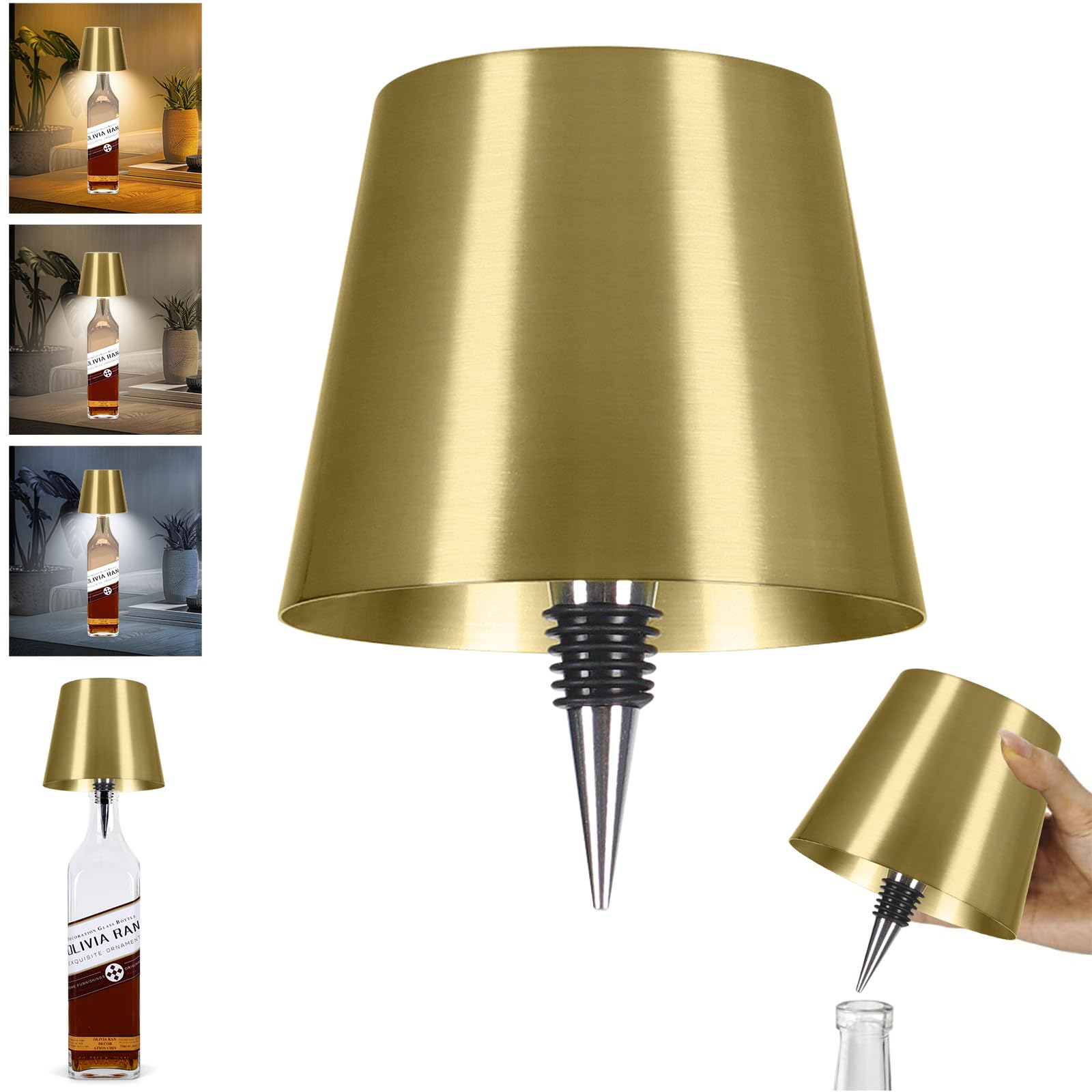 Mebaraul Wine Bottle Lamp - 3 Color Rechargeable Wireless Lamp, Touch Dimming, Metal, Gold, Model FT1