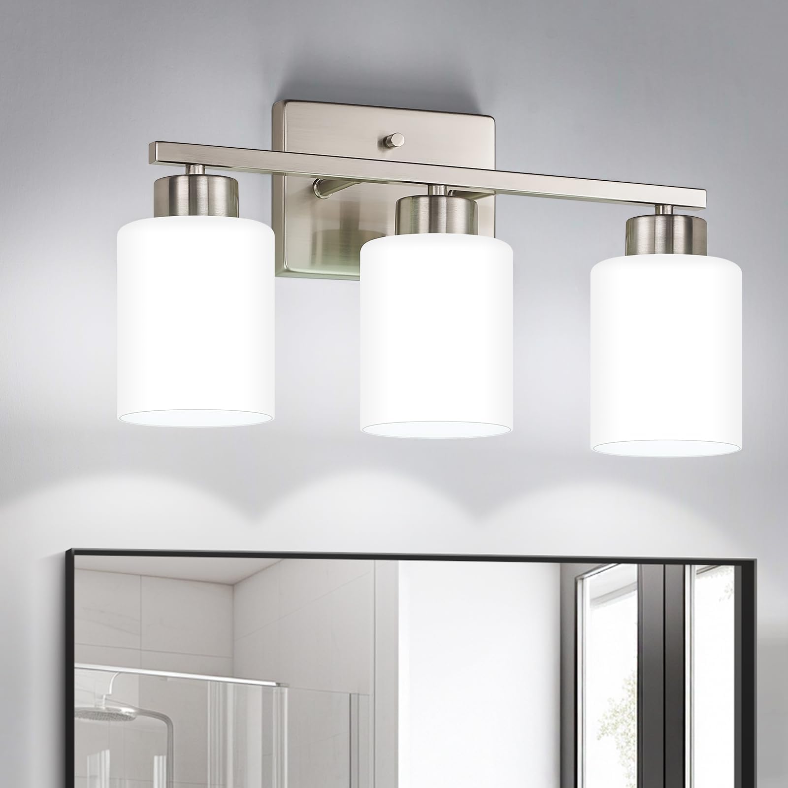 Fonmyim Brushed Nickel Bathroom Light Fixtures, 3-Light Modern Vanity Light Over Mirror, Wall Sconces With Milky White Frosted G
