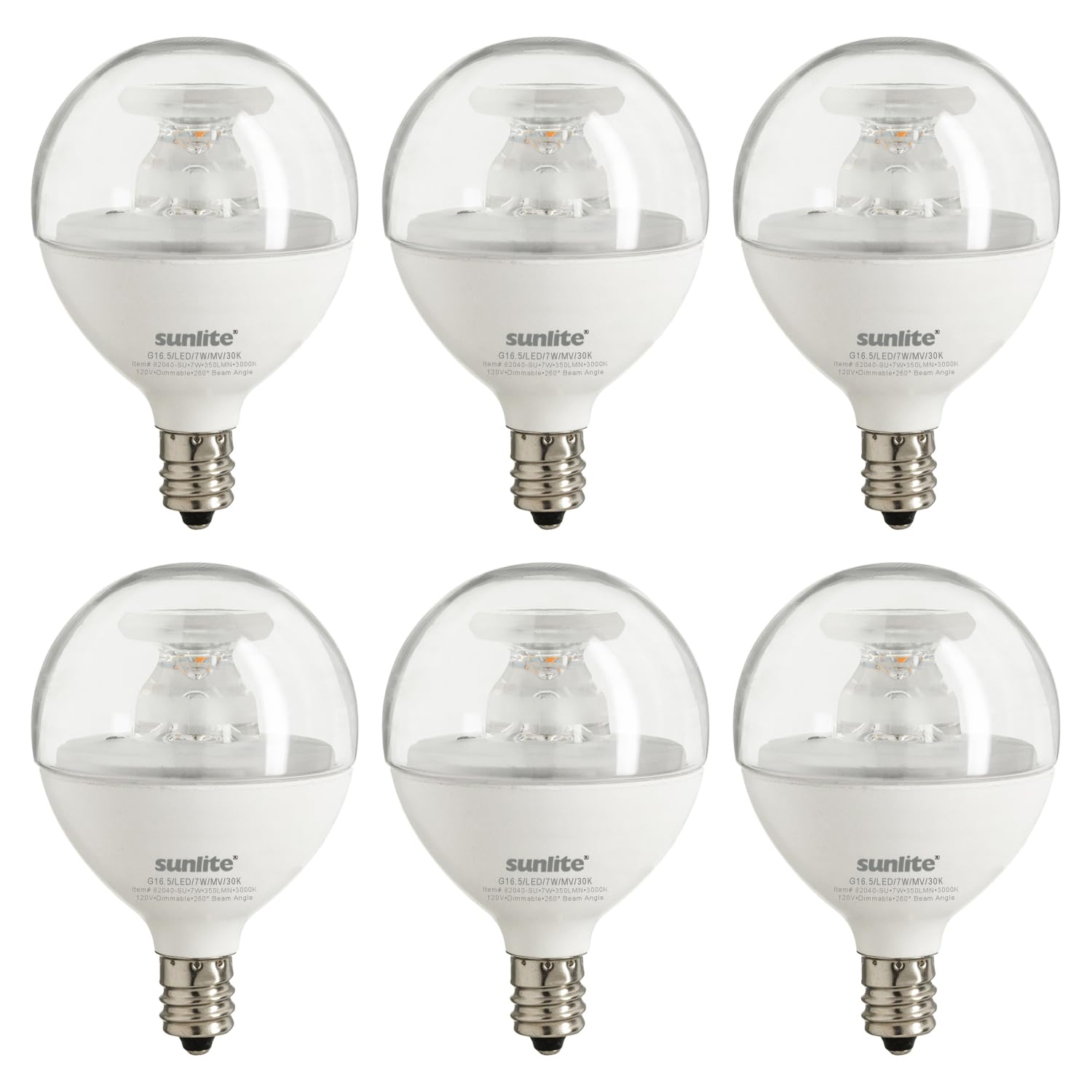 Sunlite LED G16.5 Light Bulb, 5 Watts (40W Equivalent), 350 Lumens, 90 CRI, Candelabra Base (E12), Clear Finish, Dimmable, Title