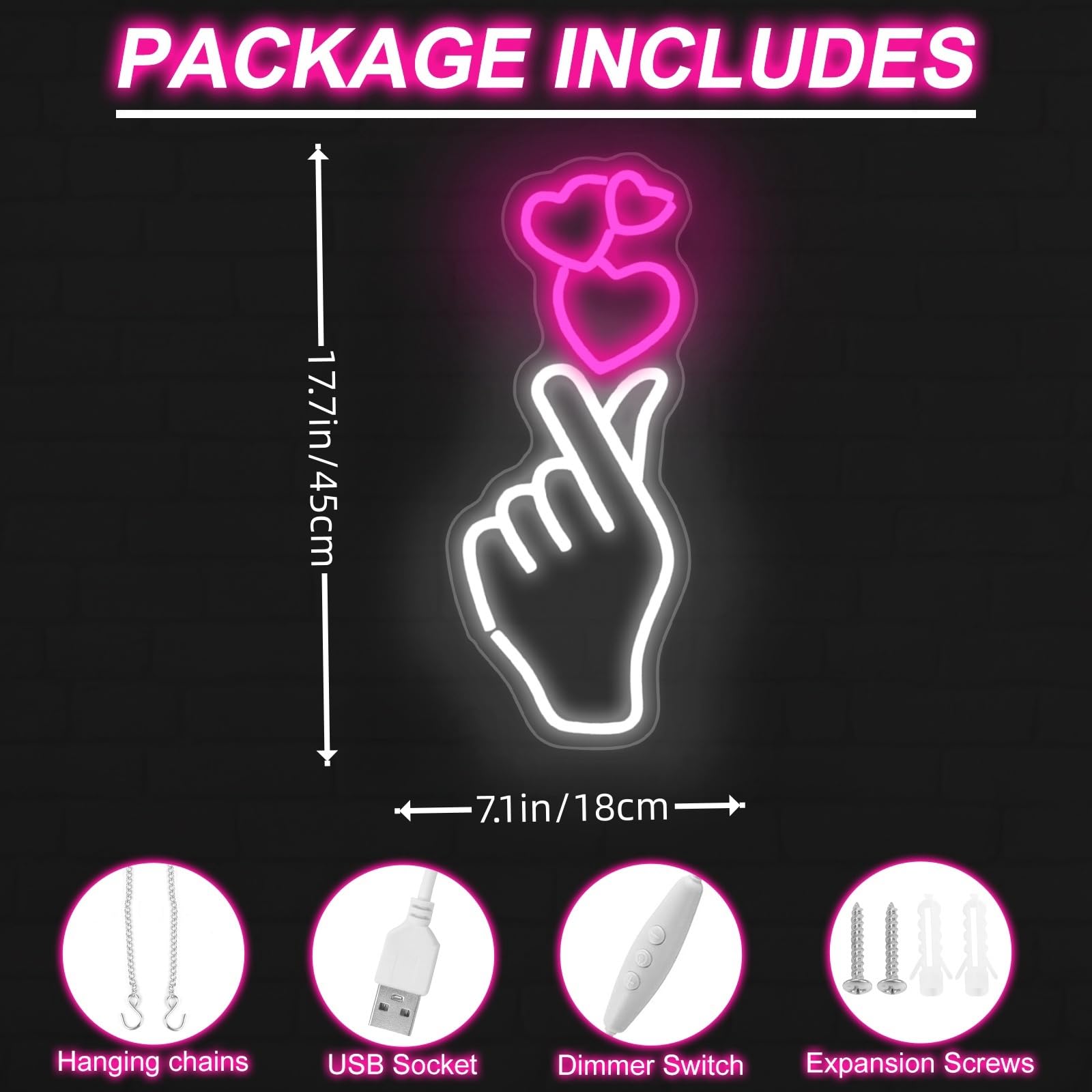 DMDMBSR Finger Heart Neon Sign, LED Dimmable Light for Home/Party/Wedding, USB Powered, 17.7inx7.1in, Small, Finger Heart Color