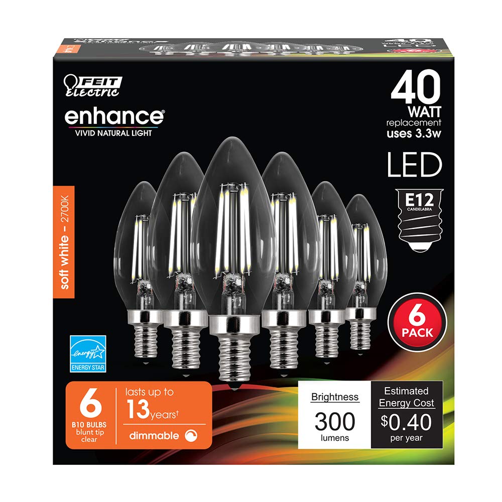 Feit Electric 40W Equivalent Candelabra Led Light Bulb, Dimmable, E12 Base, 2700K Soft White, B10 Filament Torpedo Tip Decorativ