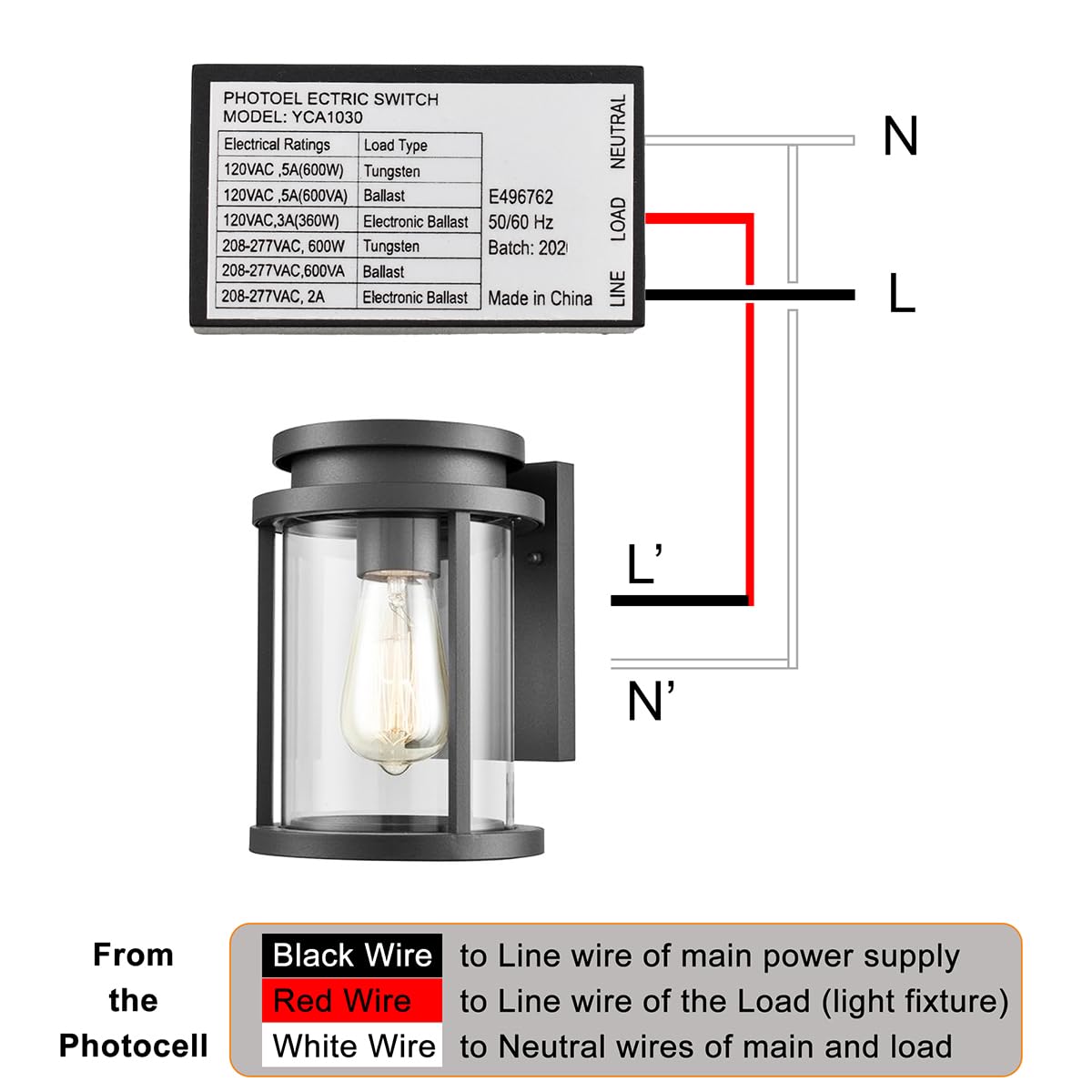 J.LUMI YCA1030 Hard-Wired Outdoor Photocell Light Sensor, Black, 1 Pack, UL Listed
