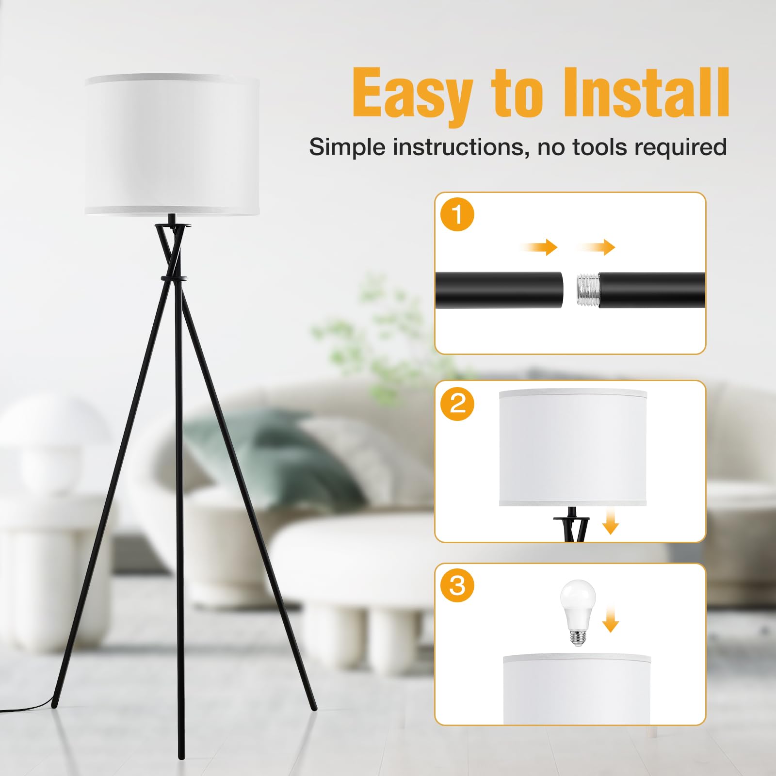 Luvkczc Tripod Floor Lamp, 61” Modern Design, Black Metal with White Shade, Model 1FL-054A