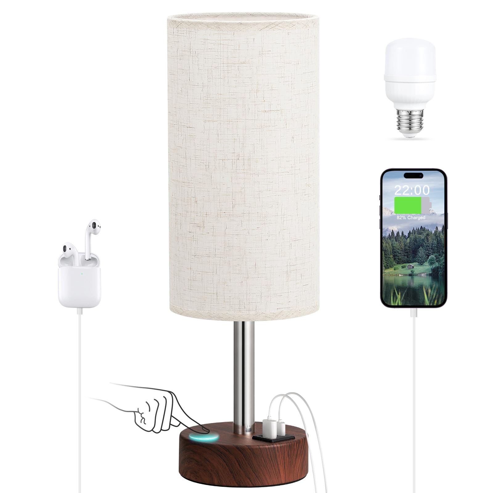 Touch Bedside Table Lamp With Usb - 3 Way Dimmable Redwood Lamps For Bedroom Nightstand, Desk Lamp With Charging Station For Dor