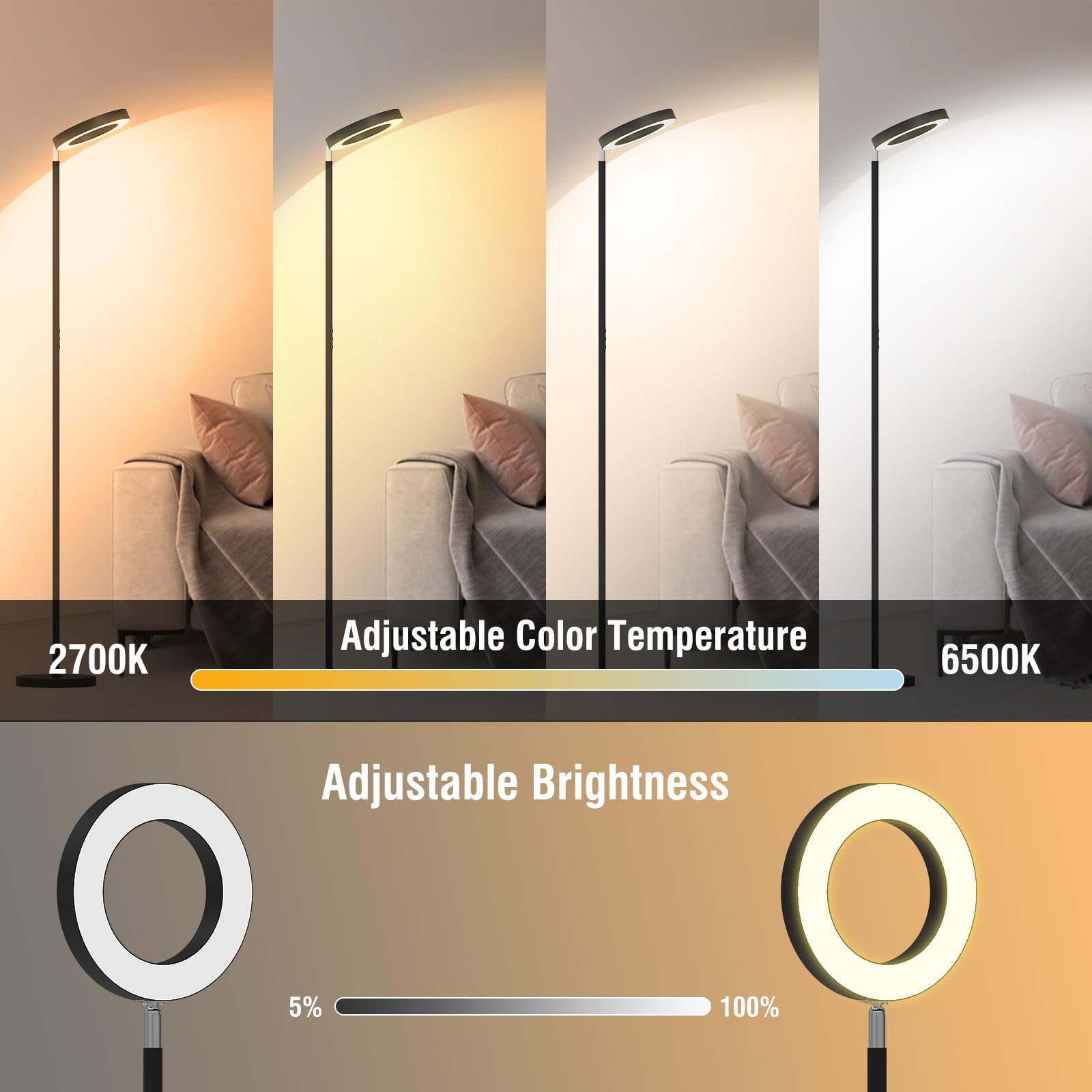 [2025 New]42W Dual-Sided Floor Lamp, Rgb Color Changing Led Standing Lamp With Remote, Stepless Dimmabe Warm/Neutral/Cool Floor