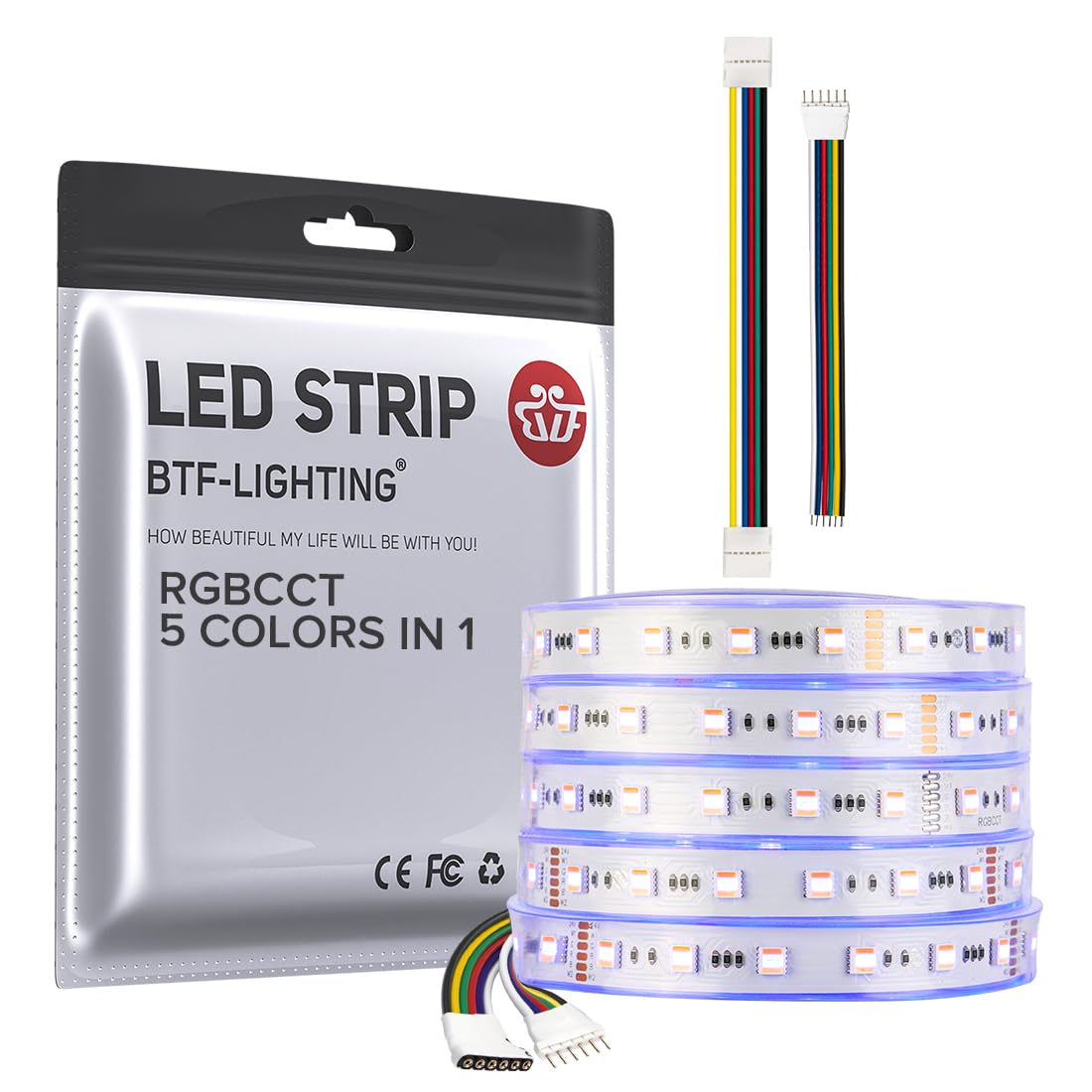 BTF-LIGHTING RGBWW LED Tape Lights 16.4FT 300 LEDs 2700K-6500K Dimmable IP67 DC24V RGBCCT