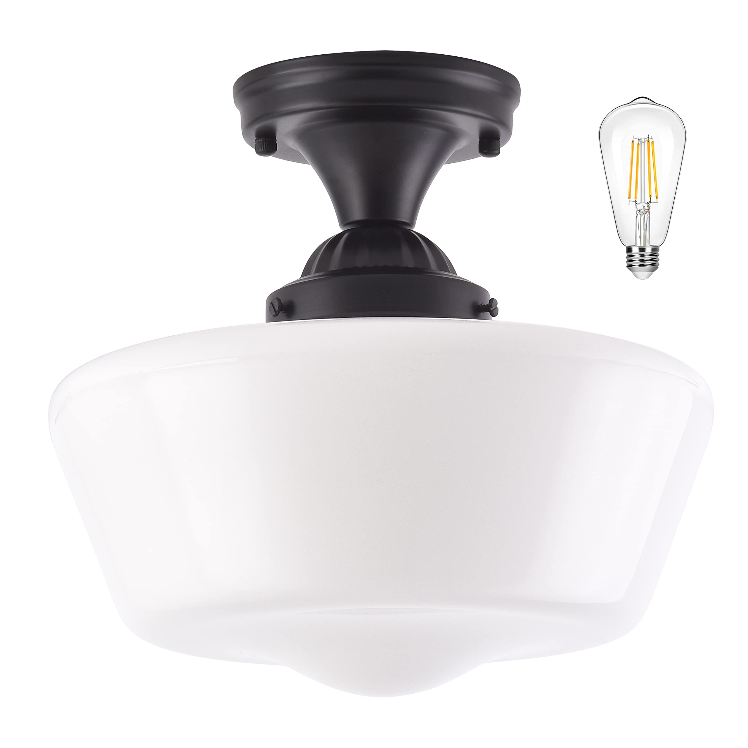 Ayshwilldec 12'' Mid Century Black Semi Flush Mount Light Fixture With Milk Glass, Led Bulb