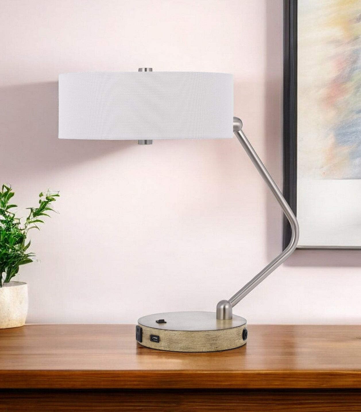 Homeroots Nickel Metal Two Light Usb Desk Lamp With White Drum Shade, Model 524743, 20 In.