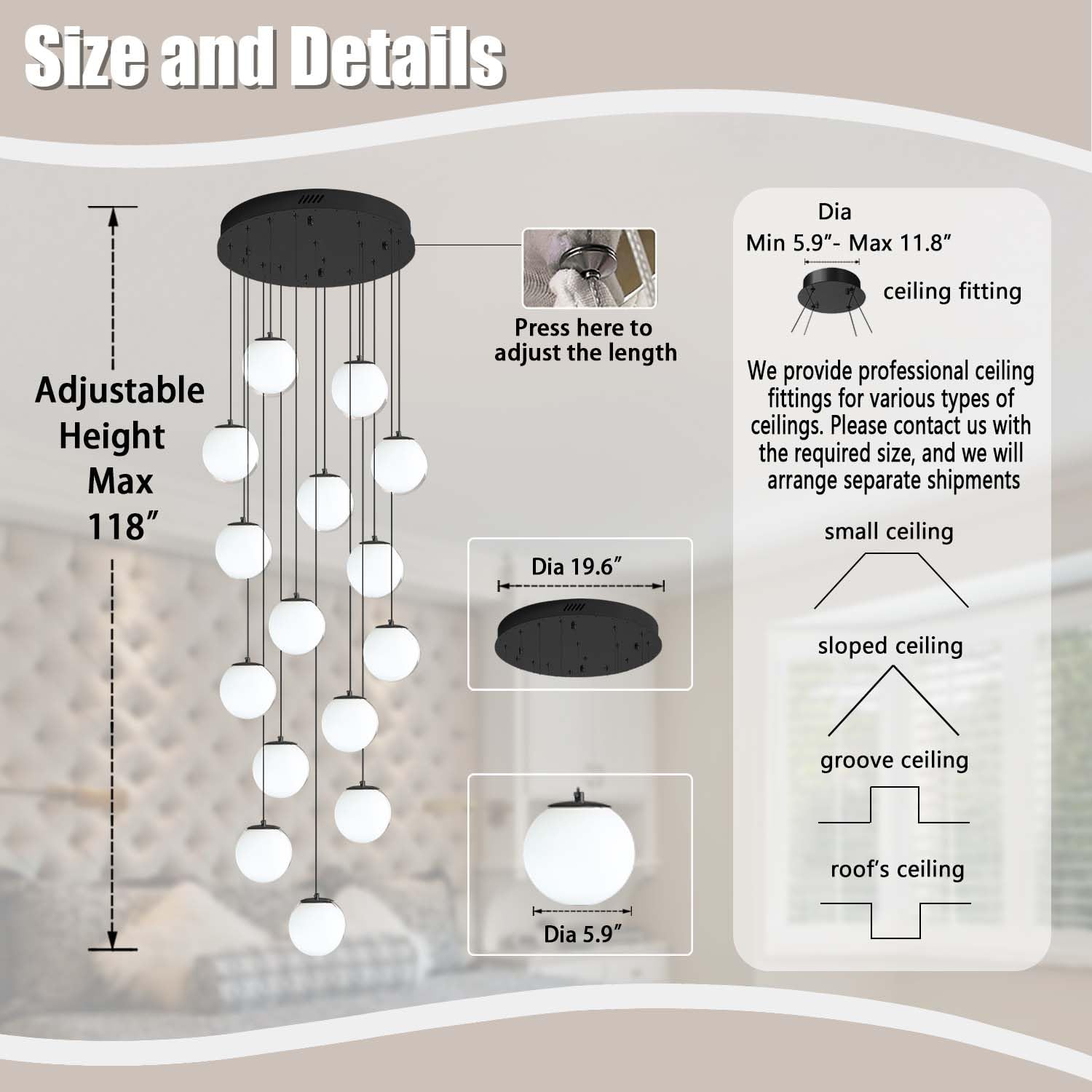 ykolupty 15-Light Black Chandelier with White Globe Glass, Dimmable Ceiling Light for Kitchen, Dining, Living Room, Model TP3016-RB-15H